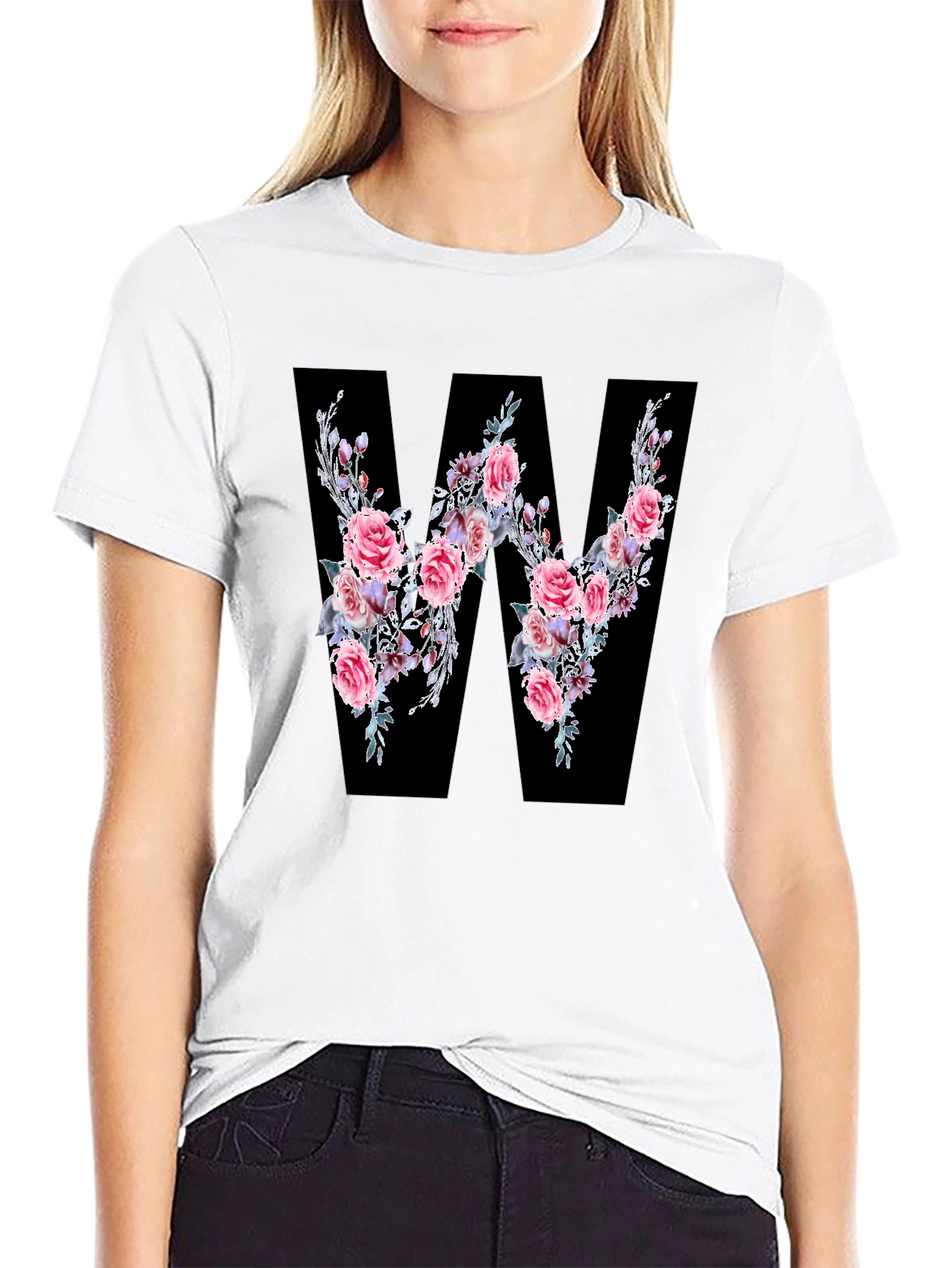 Black Floral Letter W Black T-Shirt view 9