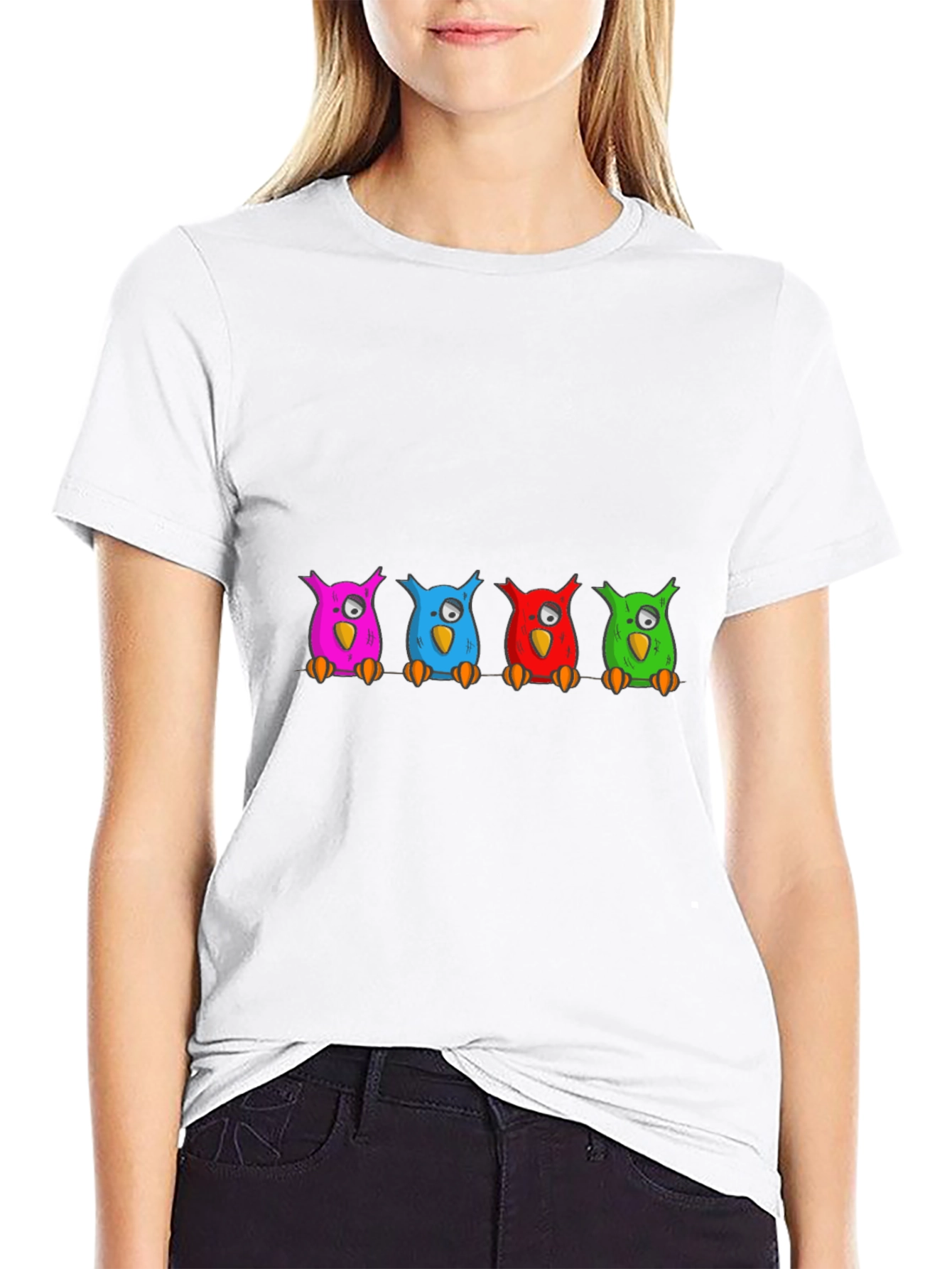 Black Colorful Cartoon Owls on a Branch T-Shirt view 9