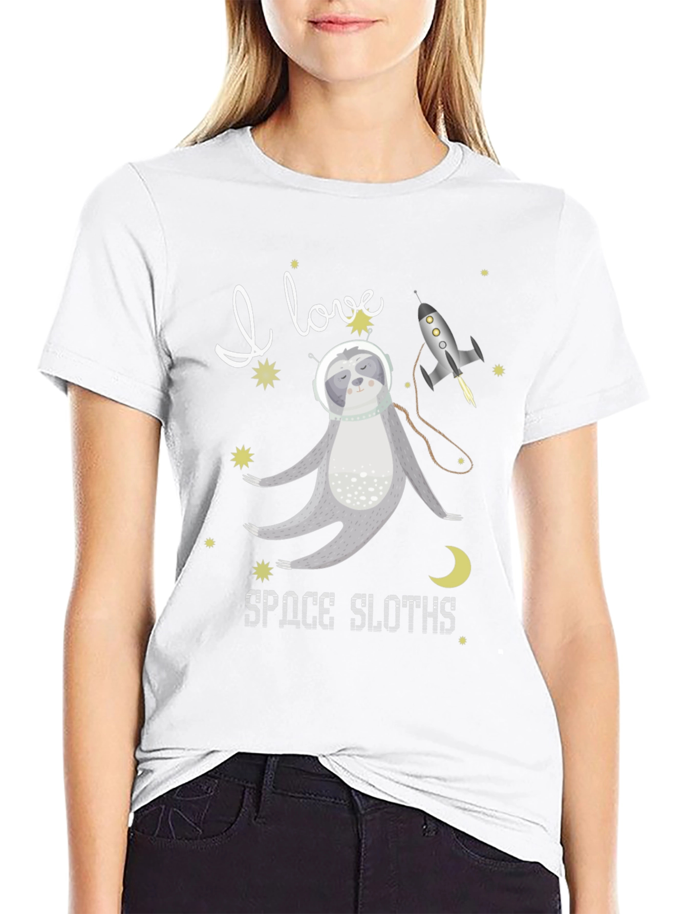 Black I Love Space Sloths Black T-Shirt view 9