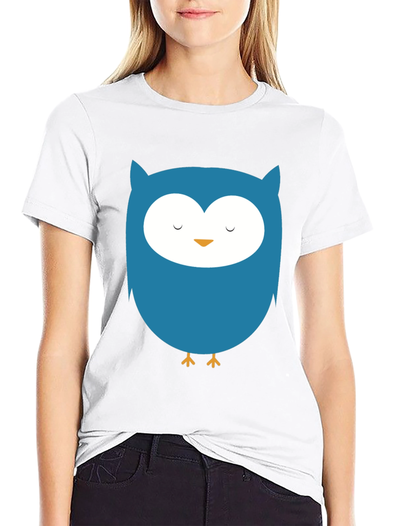 Black Cute Blue Owl Graphic Black T-Shirt view 9