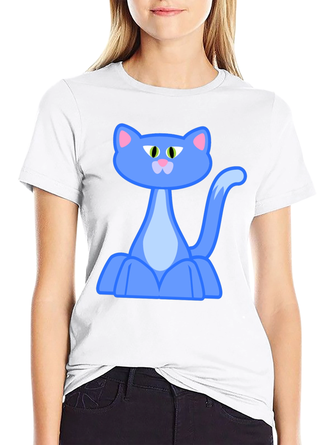 Black Blue Cartoon Cat Graphic Black T-Shirt view 9