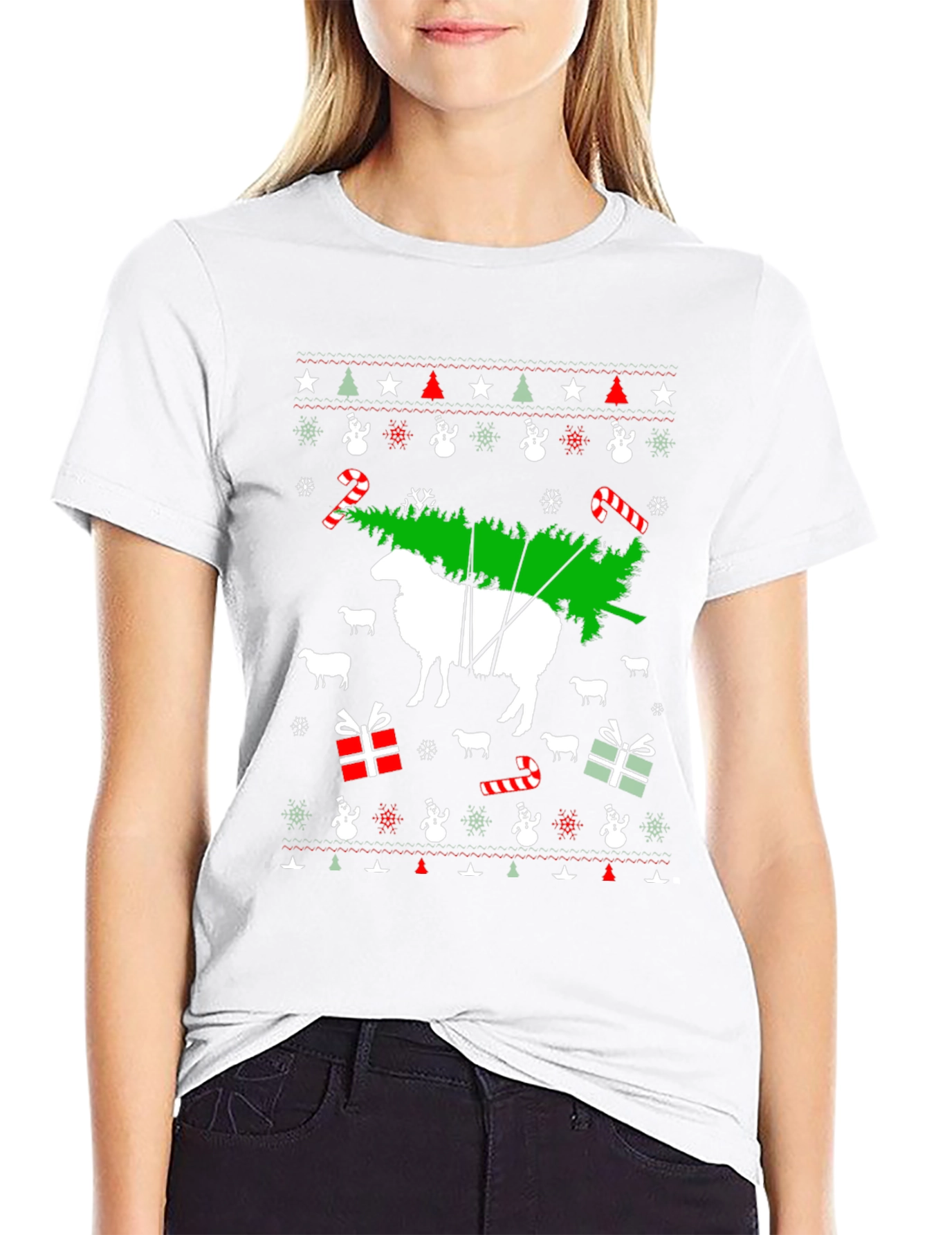 Black Funny Sheep Christmas Tree T-Shirt view 9