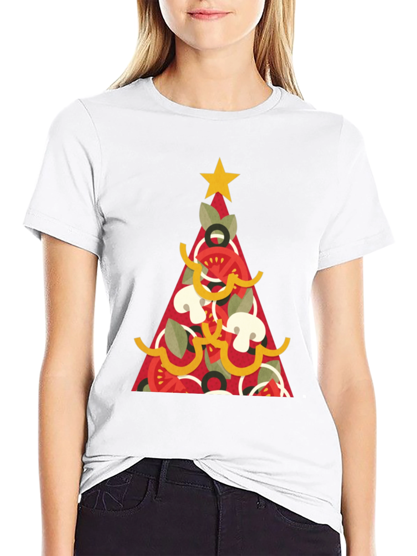 Black Pizza Christmas Tree Graphic Tee - Holiday Apparel view 9