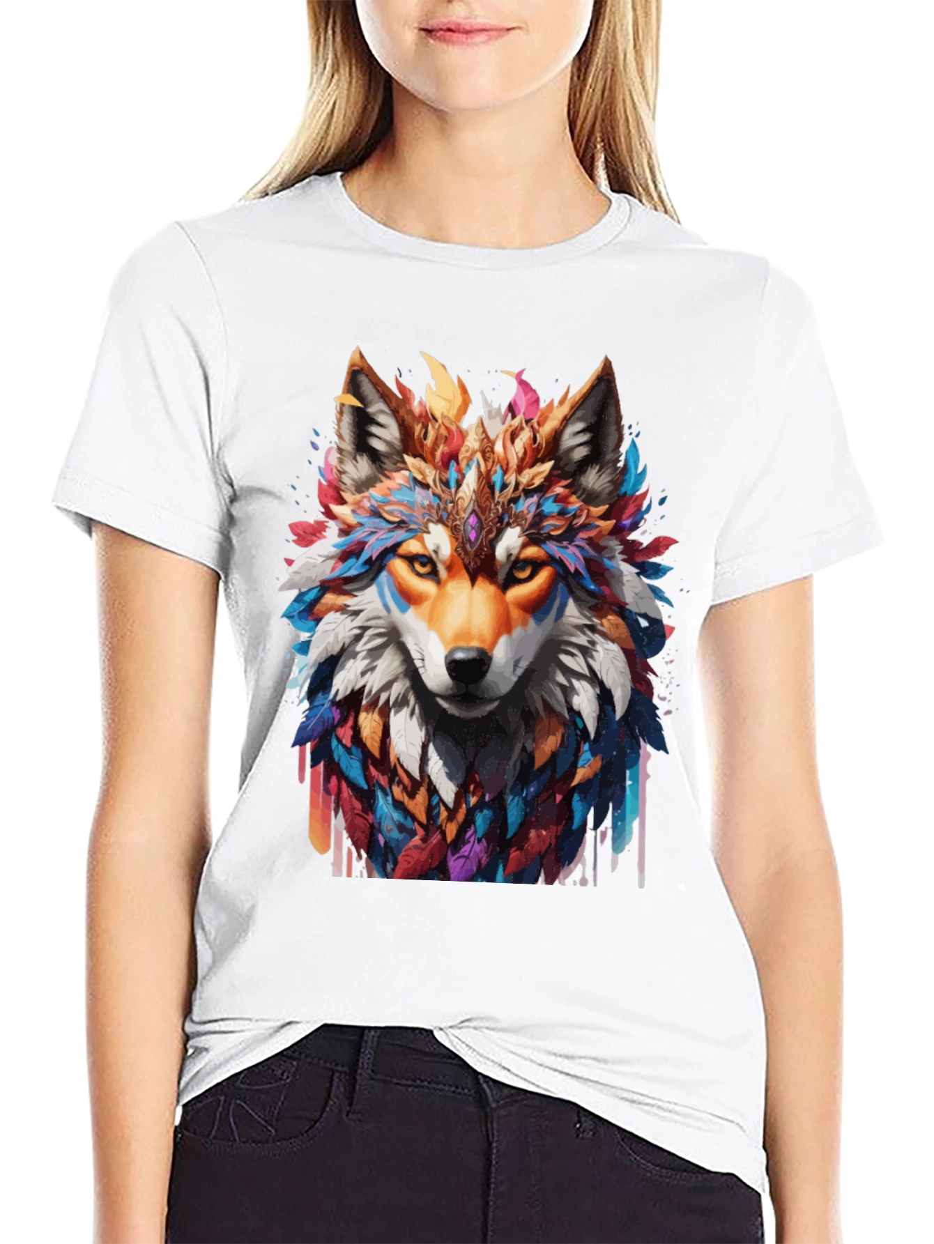 Black Colorful Wolf Graphic T-Shirt view 9