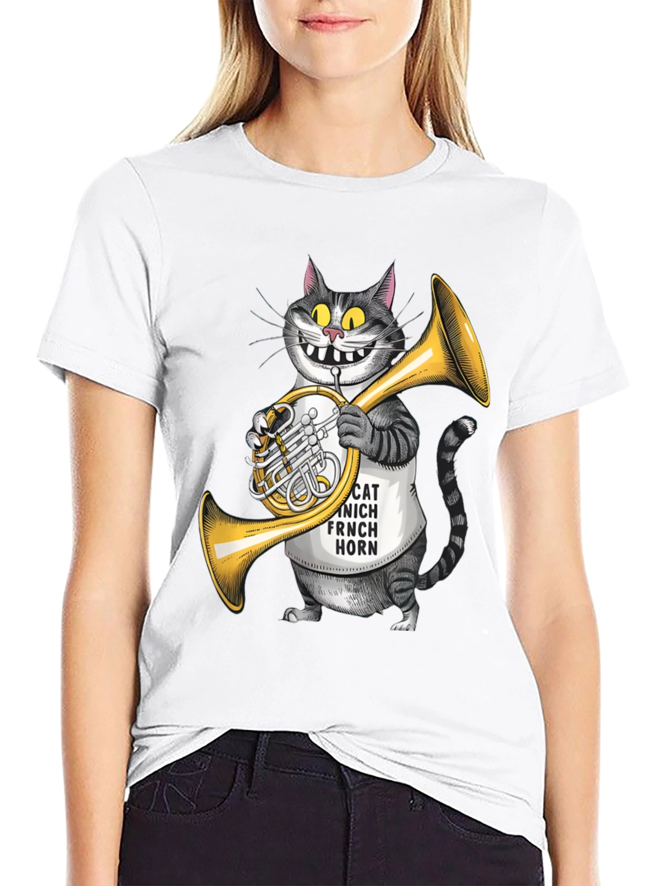 Black Funny Cat French Horn Player T-Shirt view 9