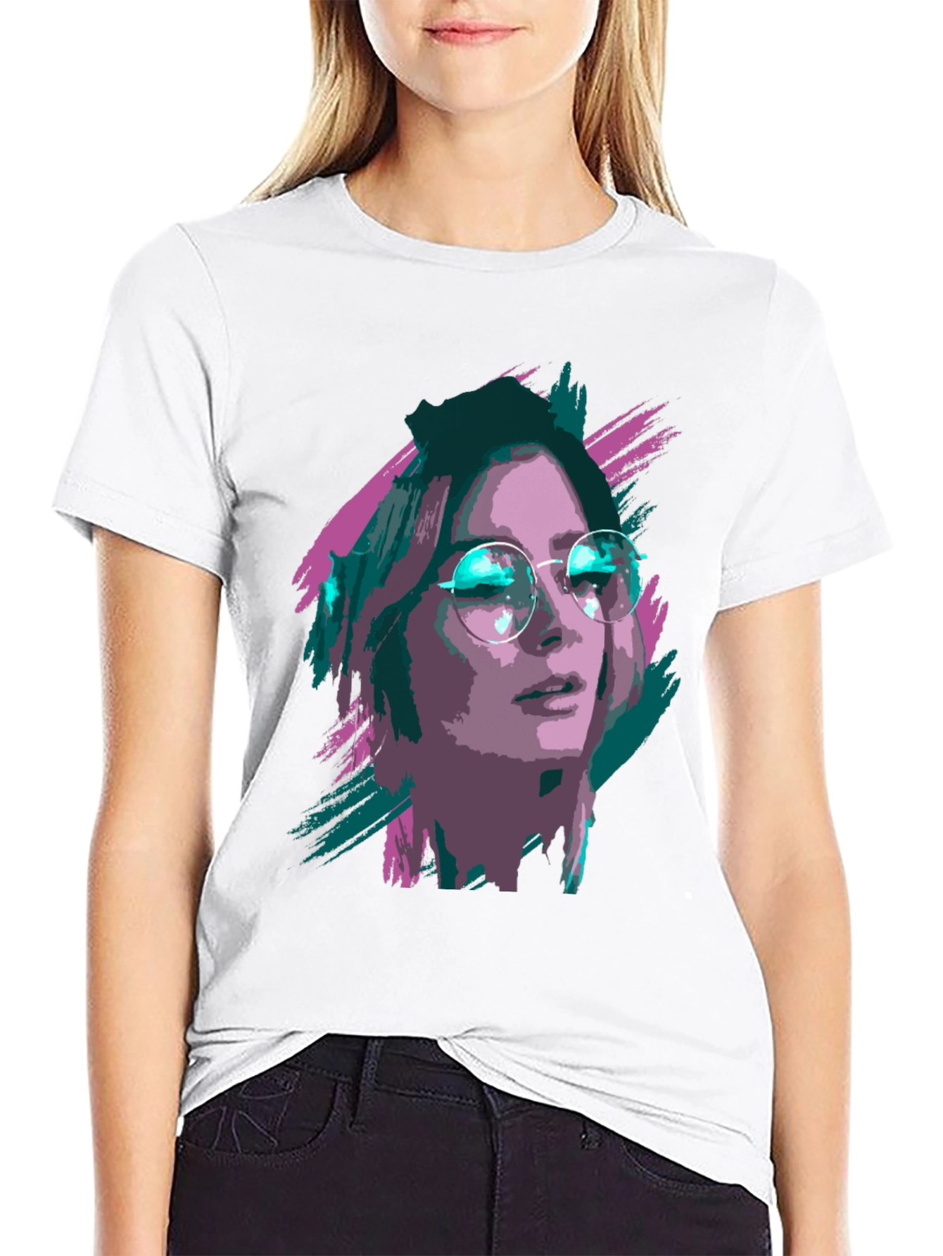 Black Stylish Graphic T-Shirt - Woman with Glasses Print view 9