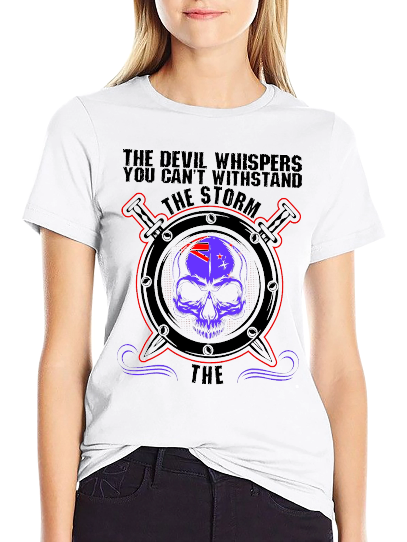 Black Devil Whispers Storm T-Shirt - Skull & Swords Design view 9