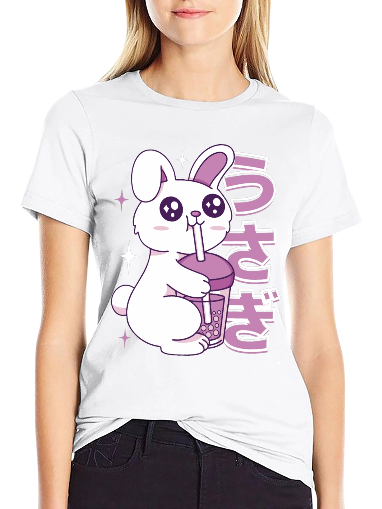 Black Kawaii Rabbit Boba Tea Graphic T-Shirt view 9
