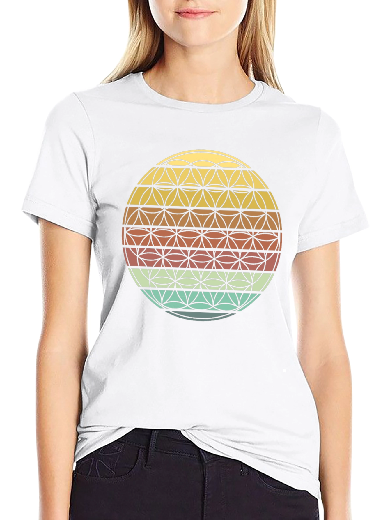 Black Geometric Flower of Life Retro T-Shirt view 9