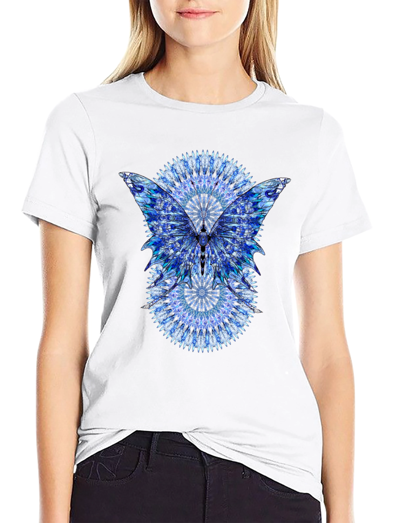 Black Blue Mandala Butterfly Graphic Print Black T-Shirt view 9
