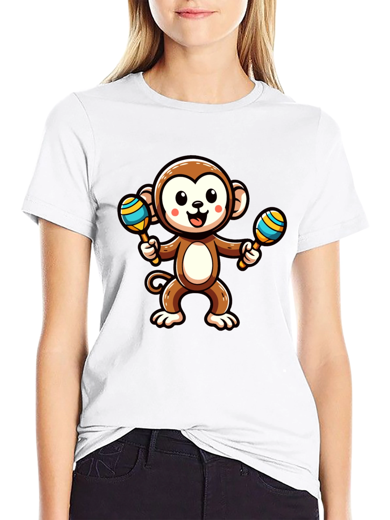 Black Cartoon Monkey with Maracas Graphic Tee view 9
