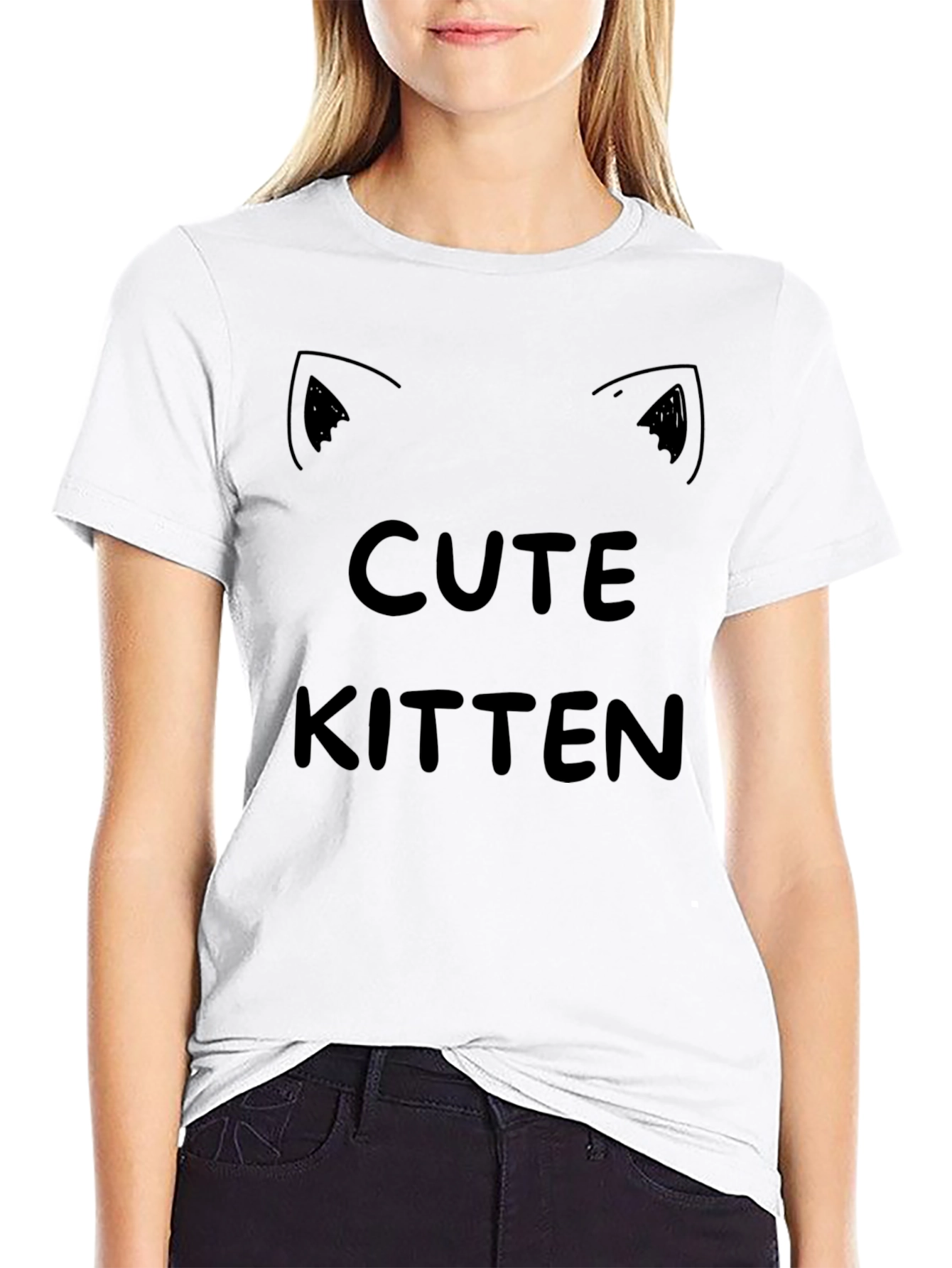 Black Cute Kitten Graphic Tee - Black Cotton T-Shirt view 9