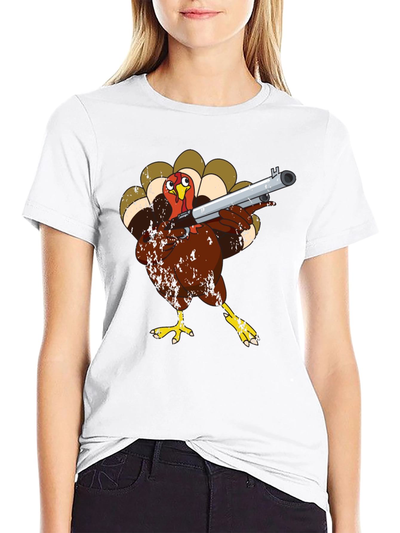 Black Turkey with Shotgun Black T-Shirt - Funny Thanksgiving Tee view 9