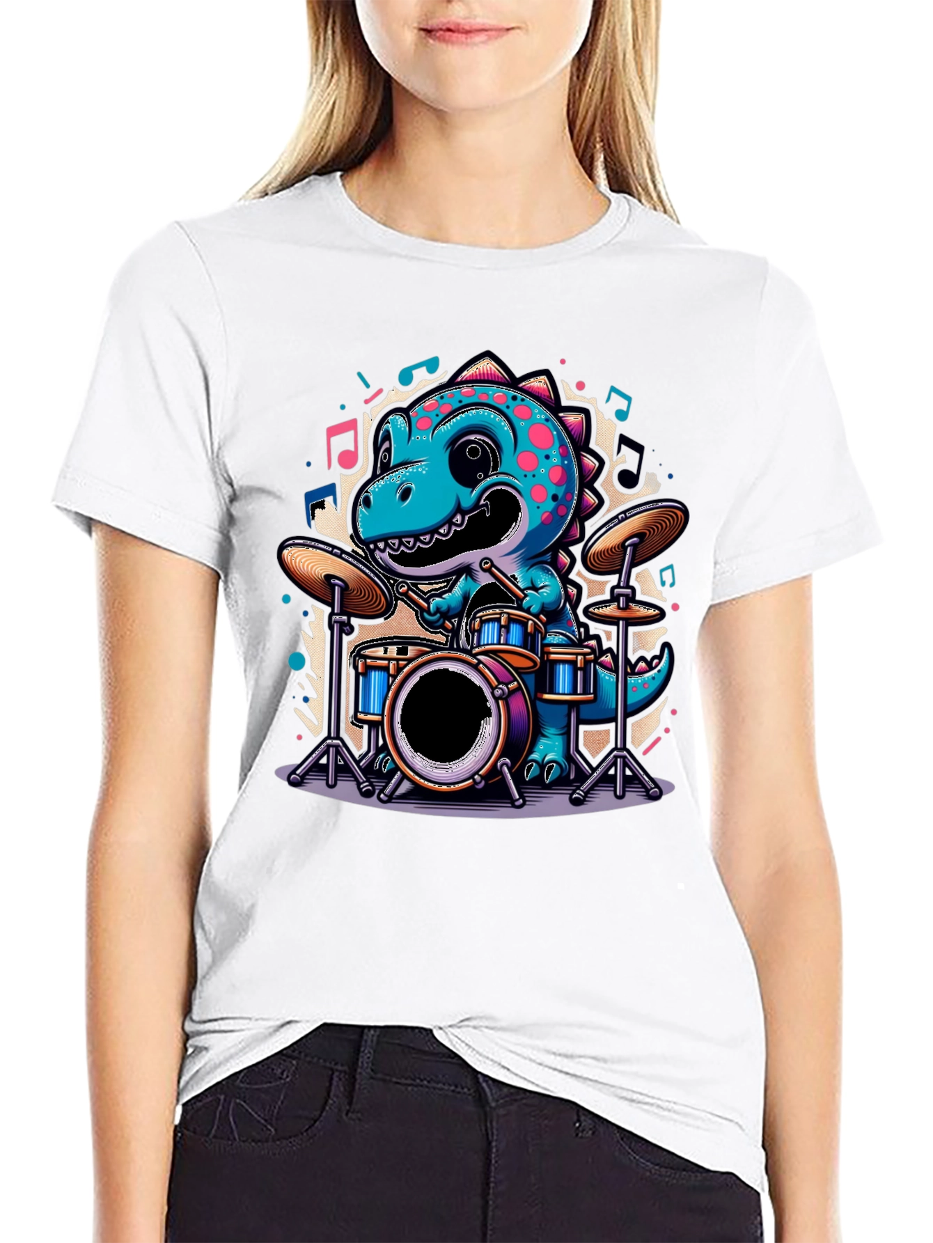 Black Dino Drummer Tee - Cute Cartoon Dinosaur T-Shirt view 9