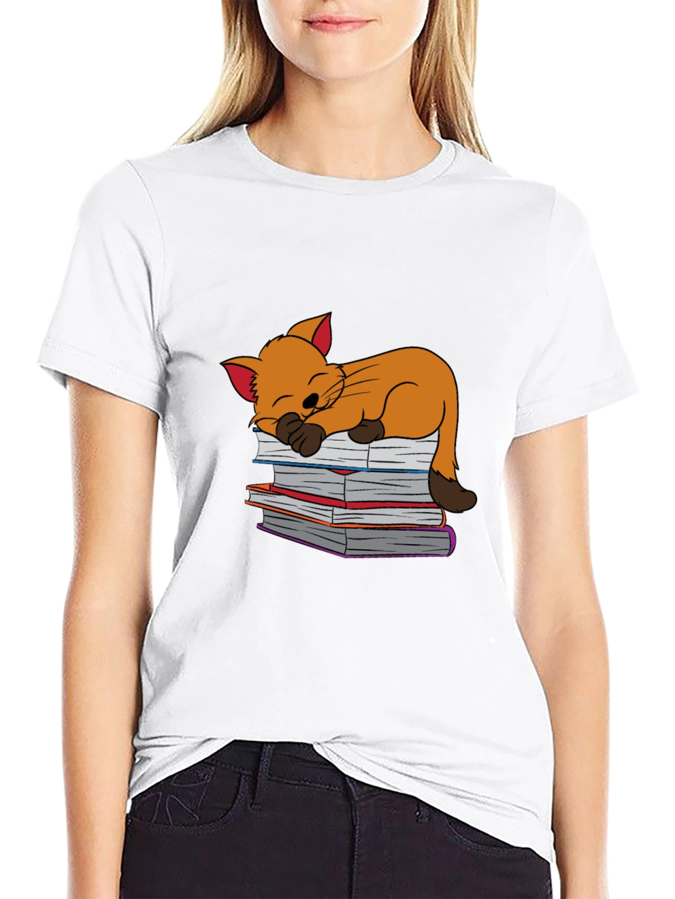 Black Cute Cat Sleeping on Books T-Shirt - Black view 9