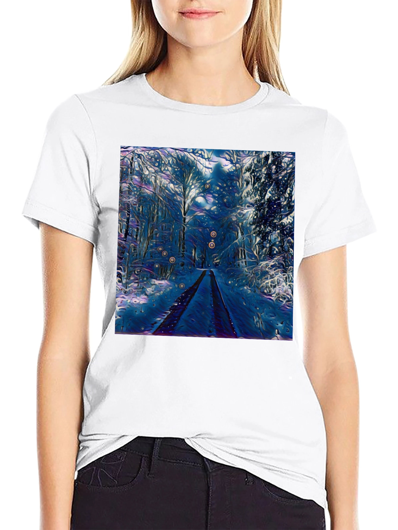 Black Winter Forest Art Graphic Tee - Black Cotton Blend view 9