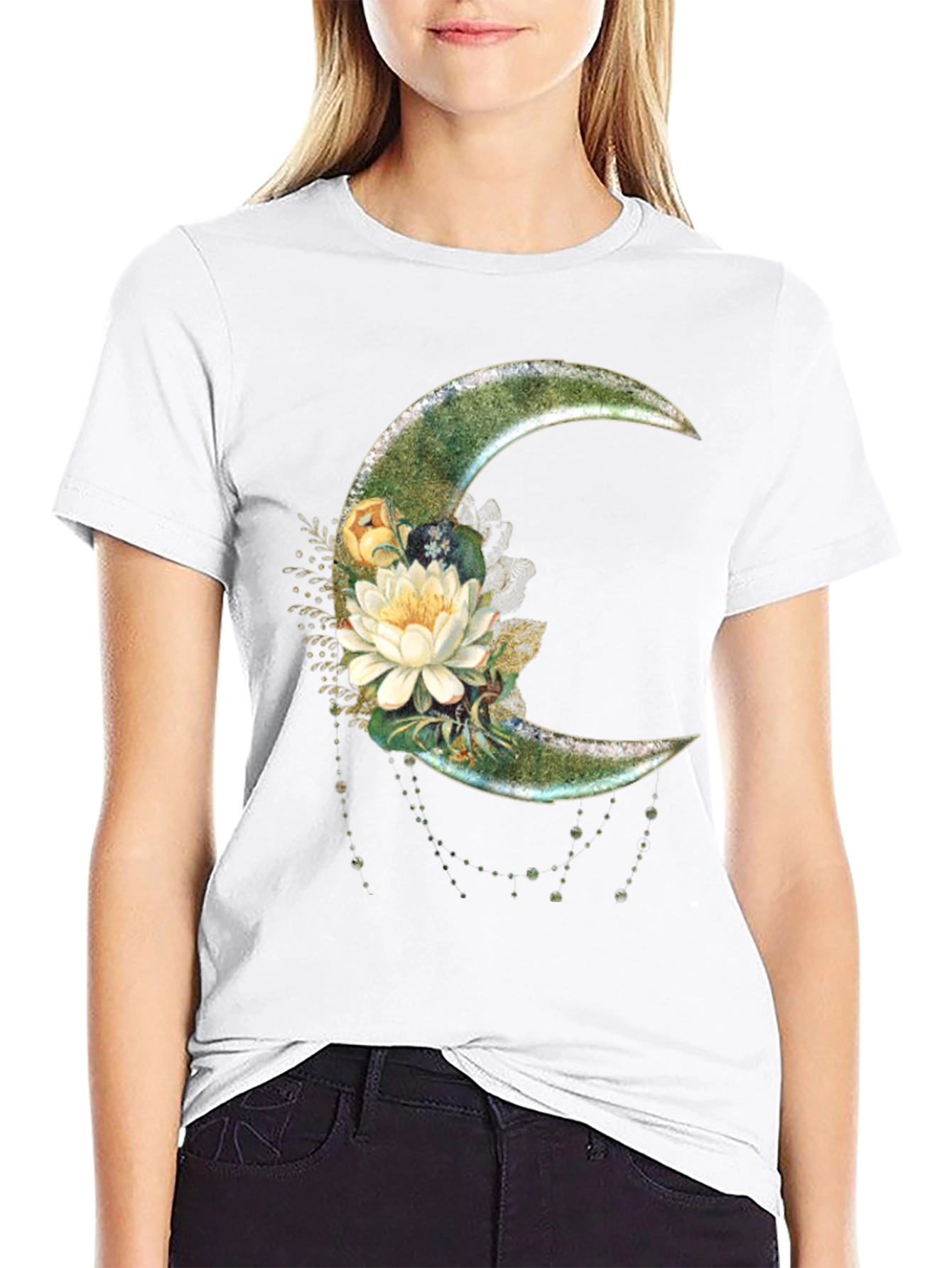Black Floral Moon Graphic T-Shirt - Stylish Crescent Design view 9