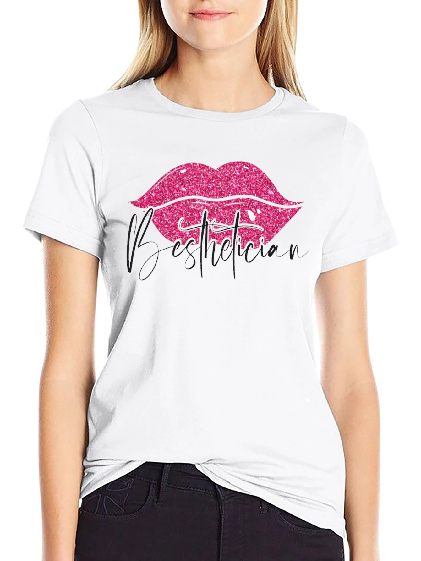 Black Pink Glitter Lips Graphic Black T-Shirt view 9