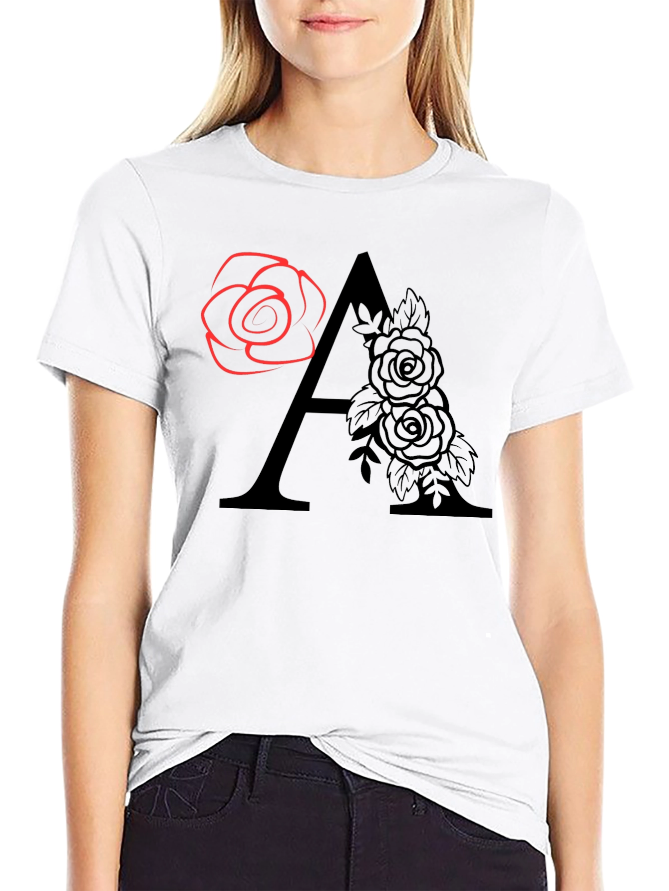 Black Floral Initial "A" Graphic T-Shirt view 9
