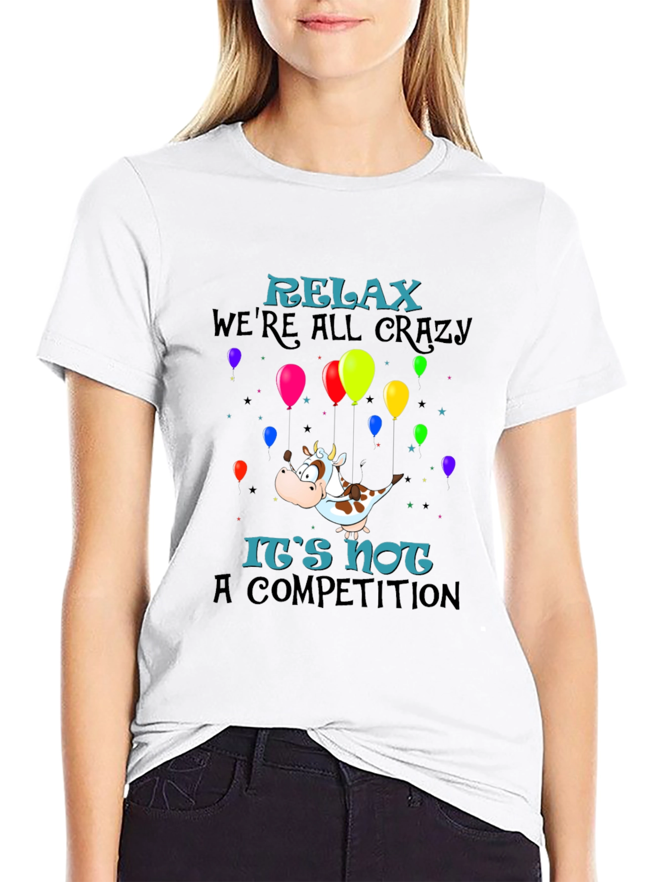 Black Relax We're All Crazy T-Shirt, Funny Cow Balloon Design view 9