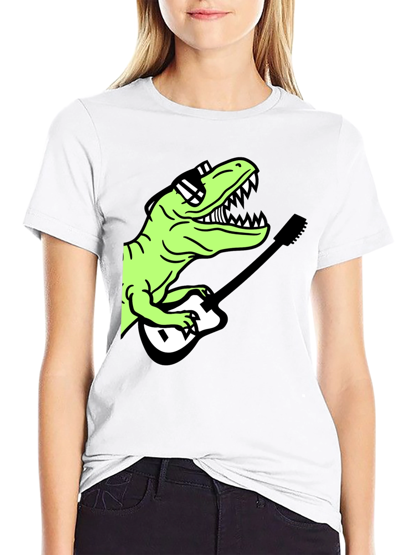 Black Cool Dinosaur Guitar Player Graphic T-Shirt view 9