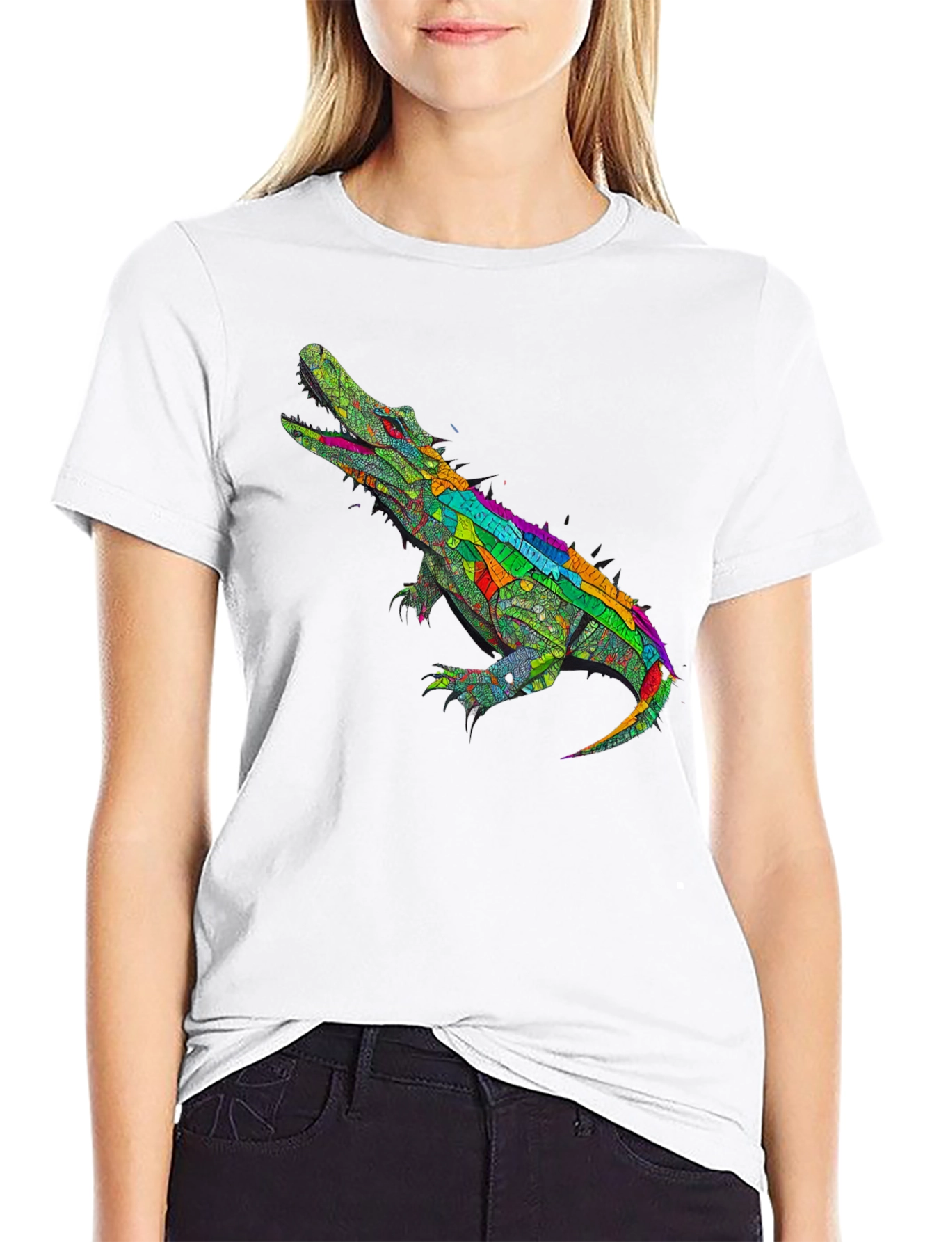 Black Colorful Crocodile Graphic Tee - Black Cotton T-Shirt view 9