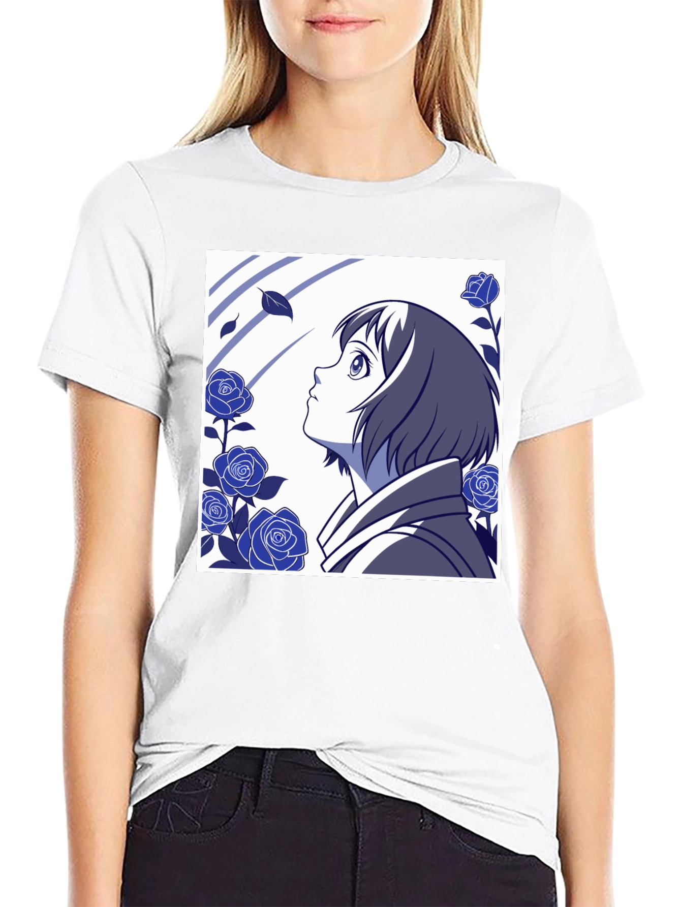 Black Anime Girl & Roses Graphic Tee - Stylish Black T-Shirt view 9