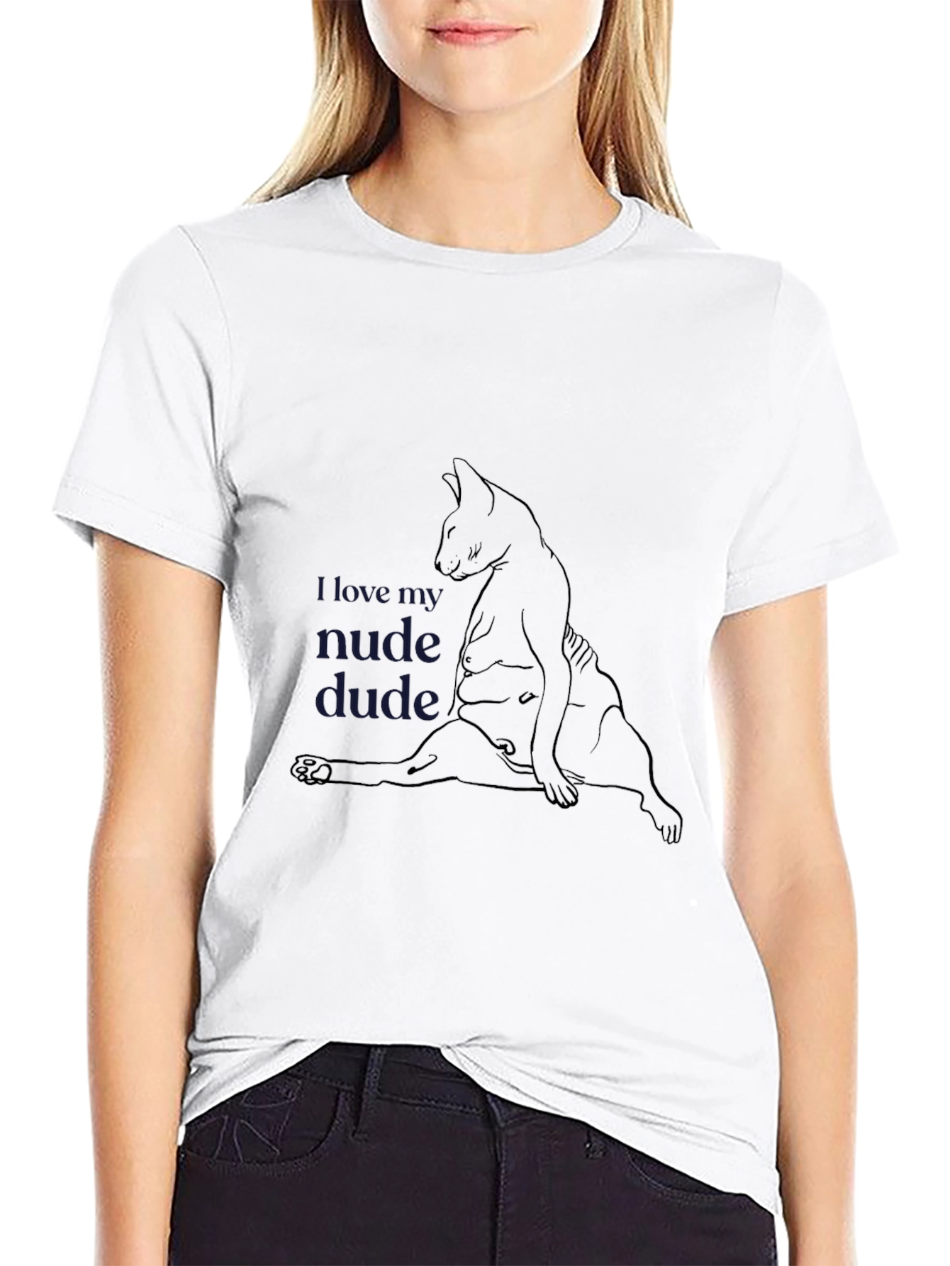 Black Humorous Cat Design Tee - I Love My Nude Dude view 9