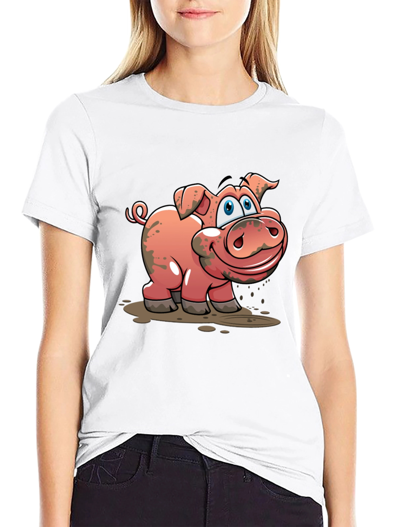 Black Muddy Pig Cartoon Graphic T-Shirt - Unisex Casual Tee view 9