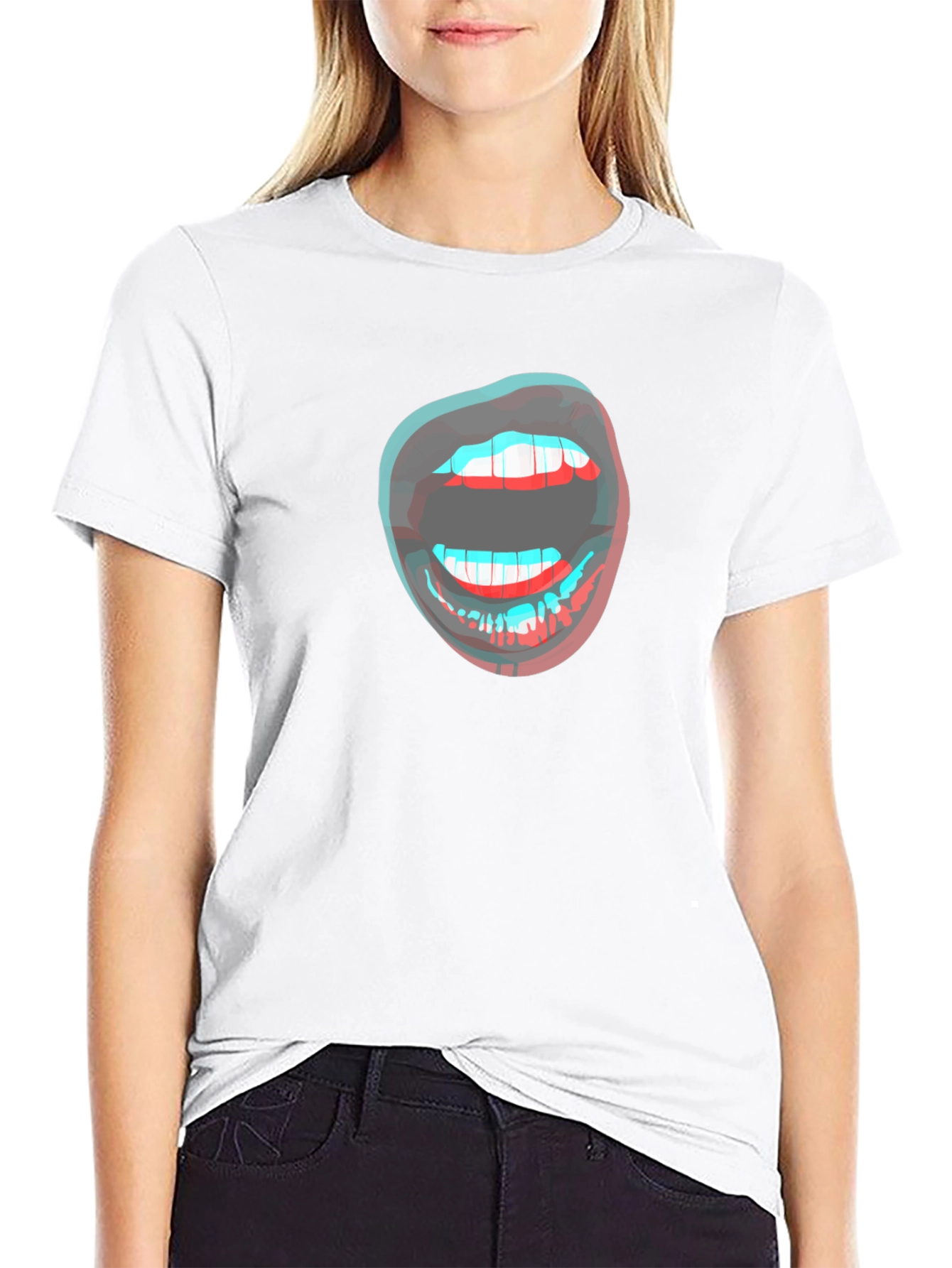 Black 3D Lips Graphic Black T-Shirt view 9