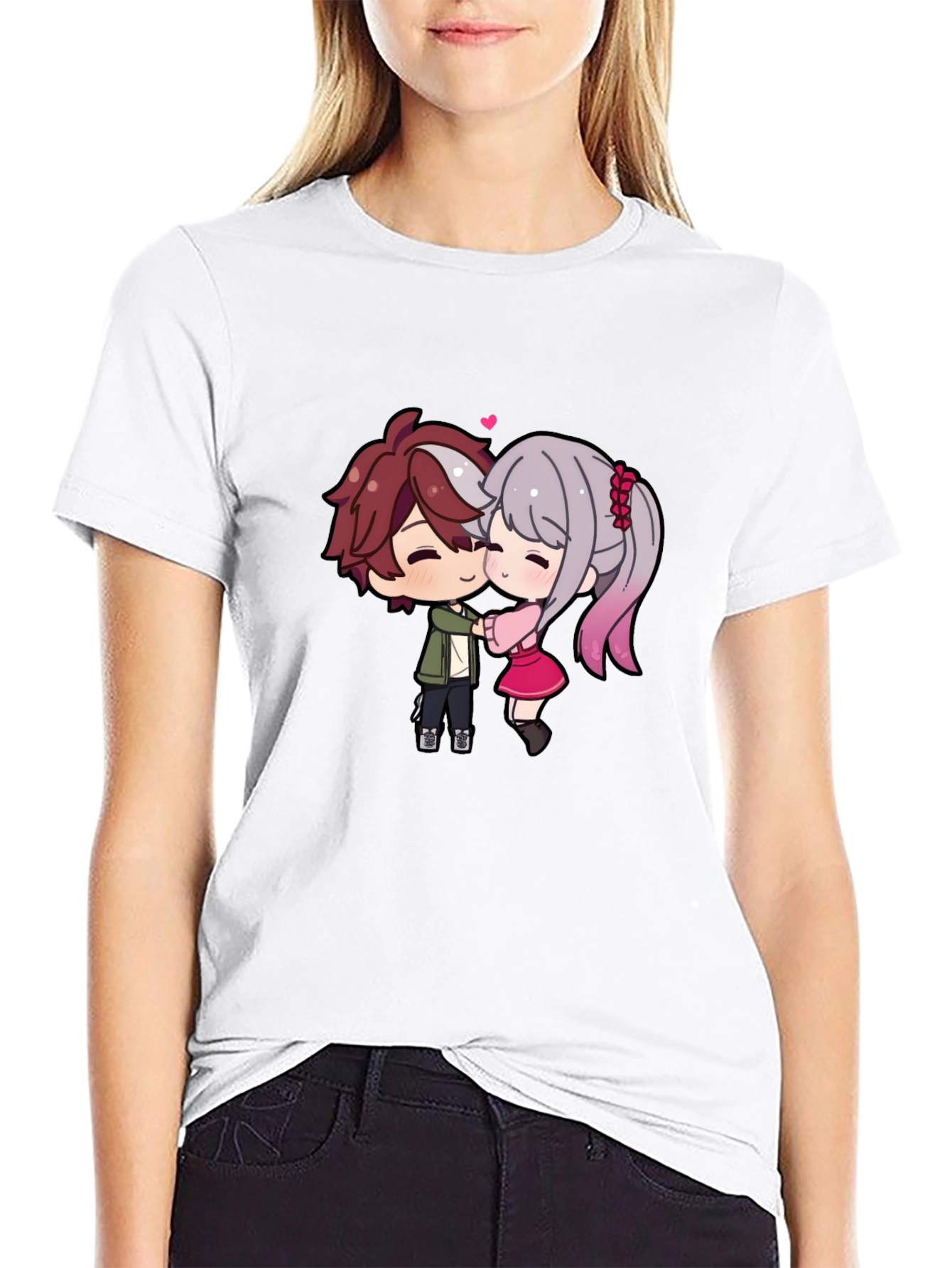 Black Cute Anime Couple T-Shirt - Sweet Embrace view 9