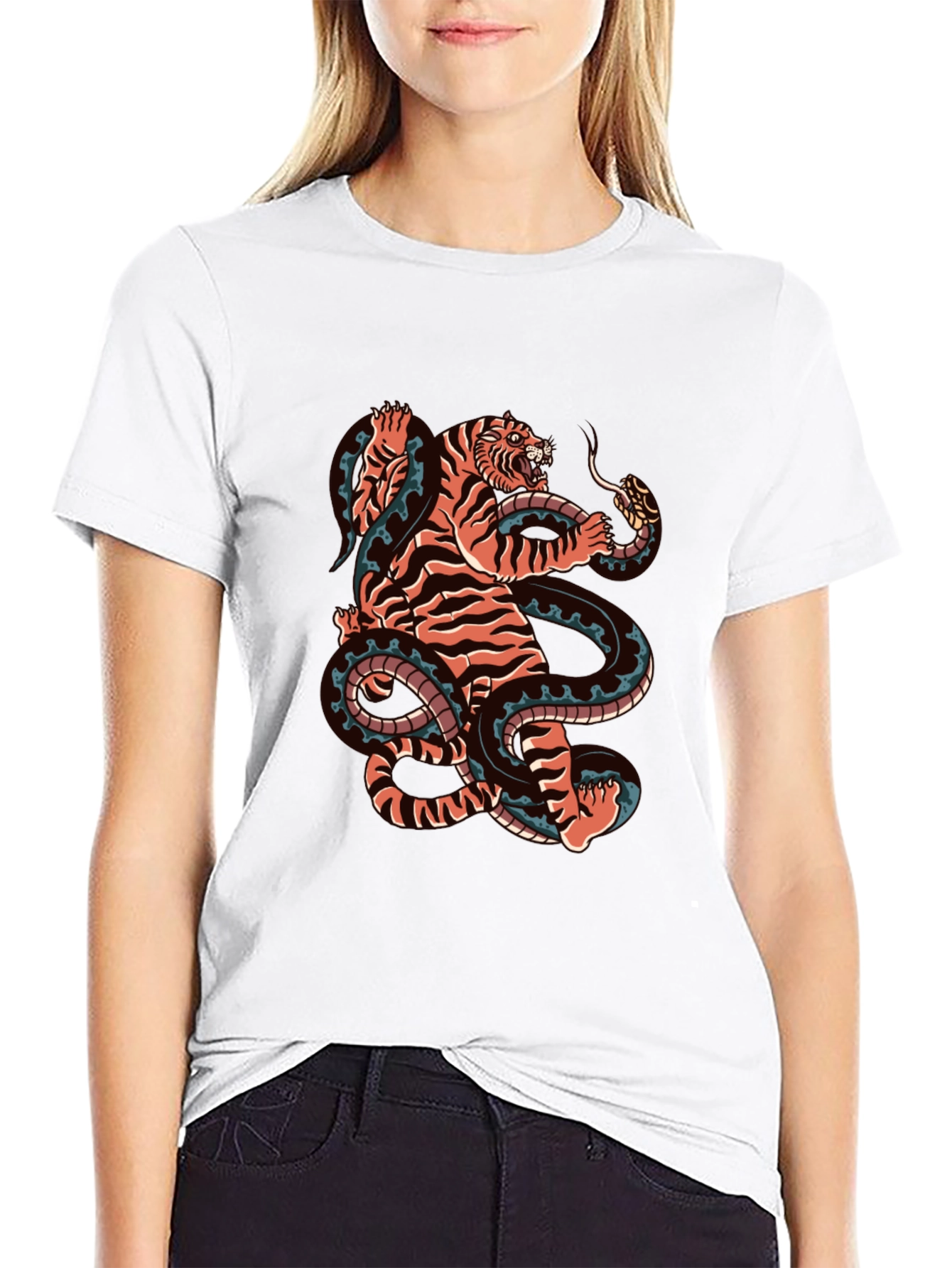 Black Tiger and Snake Graphic Black Tee view 9