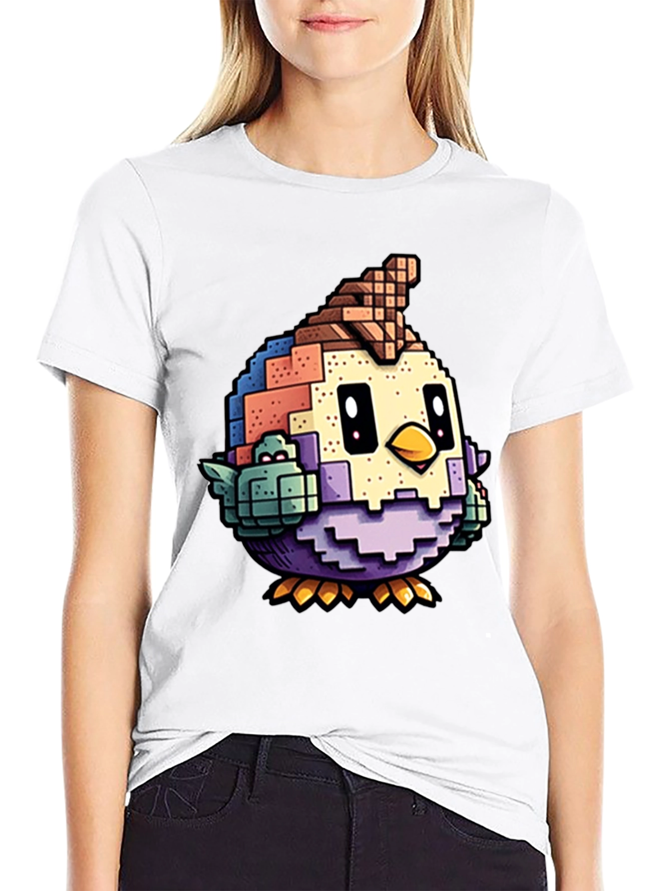 Black Pixelated Bird Graphic Tee - Black Cotton T-Shirt view 9