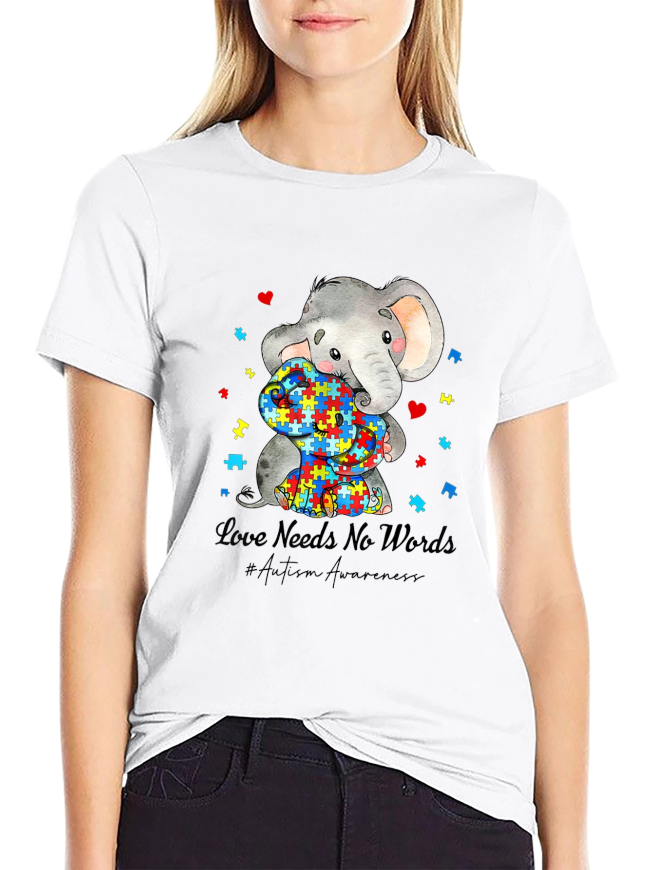 Black Autism Awareness Elephant Love Needs No Words T-Shirt view 9