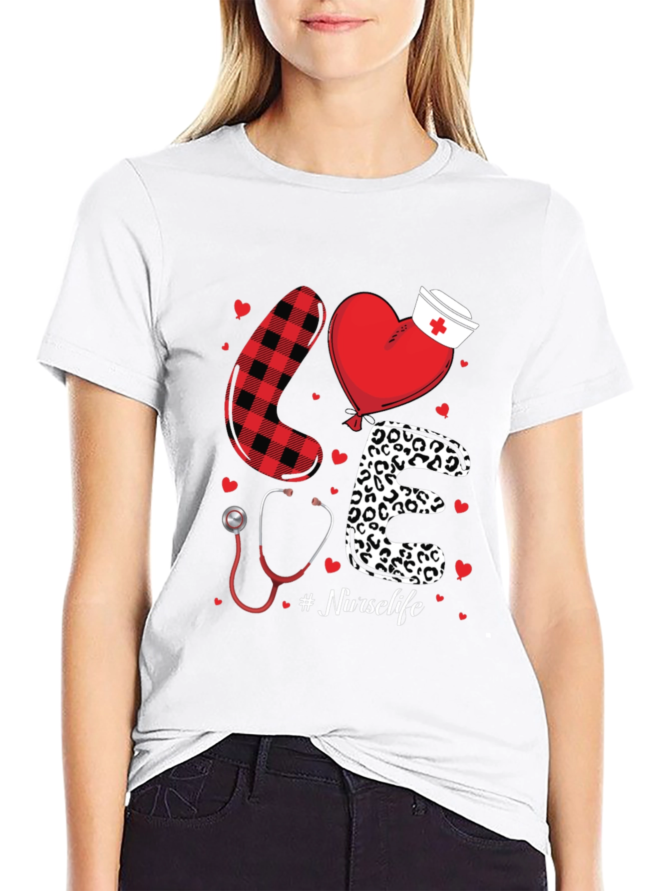 Black Nurse Life Love Graphic T-Shirt - Heart, Stethoscope, Pattern Design view 9