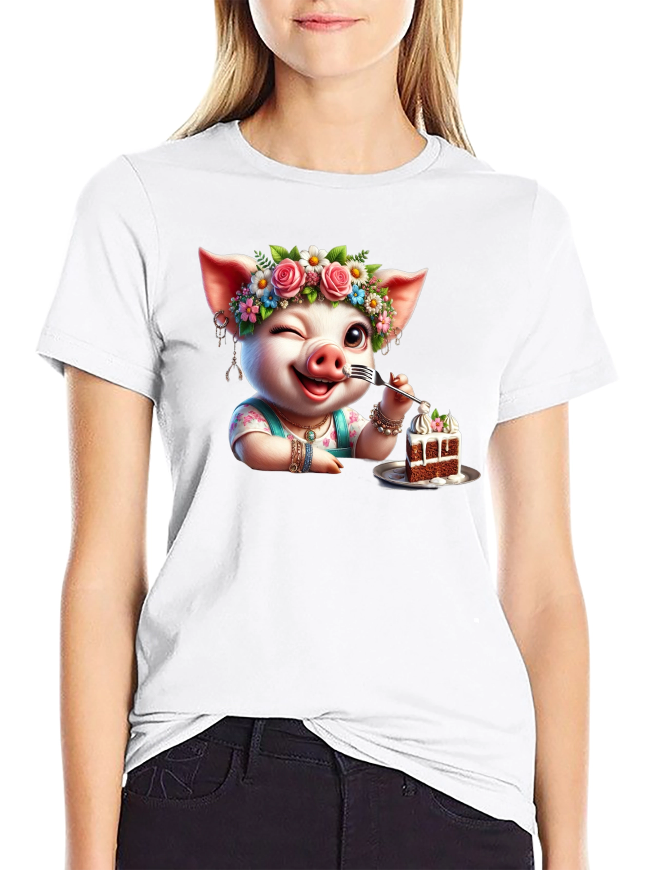 Black Pig with Flowers & Cake T-Shirt - Unisex view 9