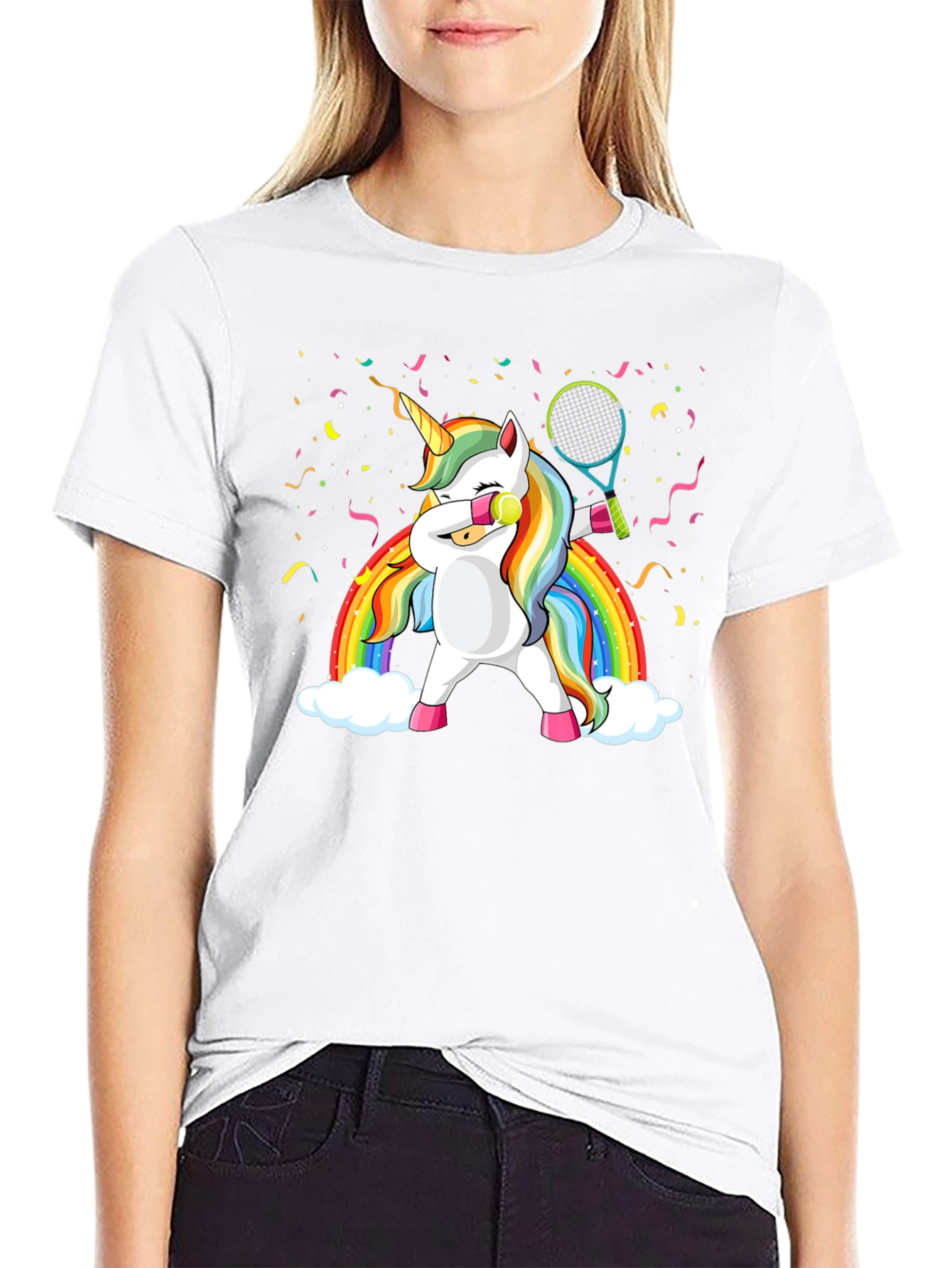 Black Dabbing Unicorn Tennis Rainbow Graphic T-Shirt view 9