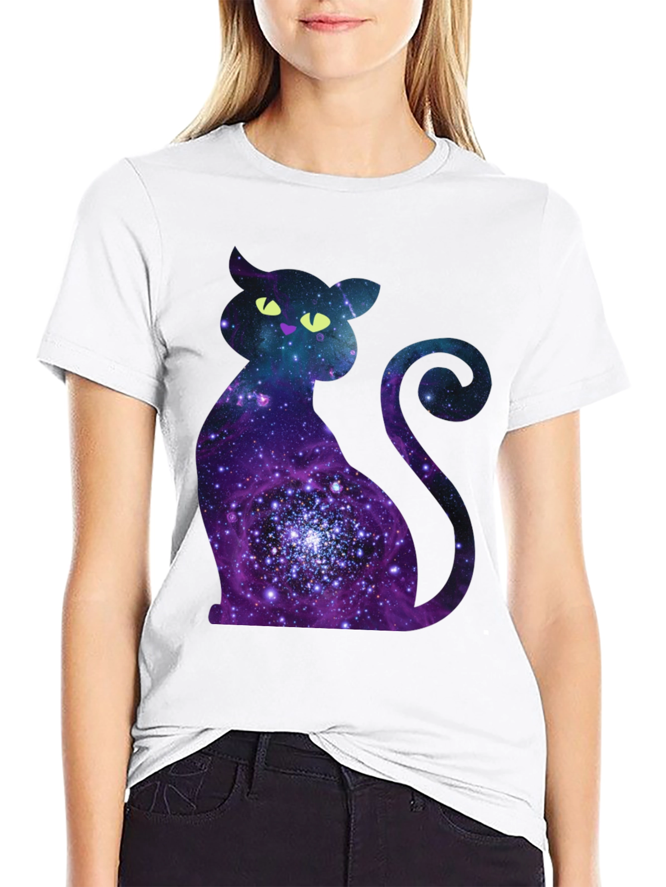 Black Galaxy Cat Graphic Print Crew Neck T-Shirt view 9