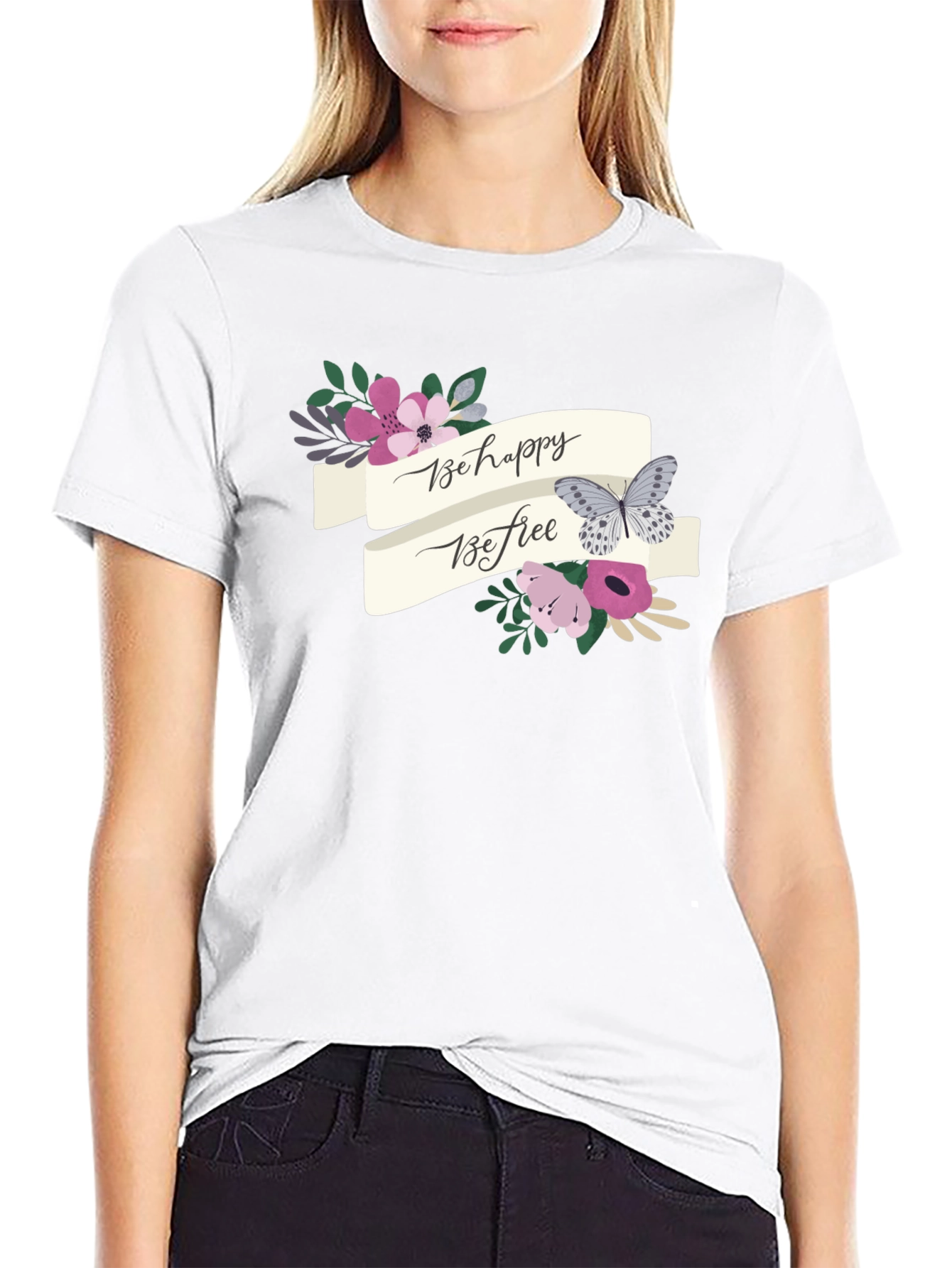 Black Be Happy Be Free Floral Butterfly Graphic Tee view 9