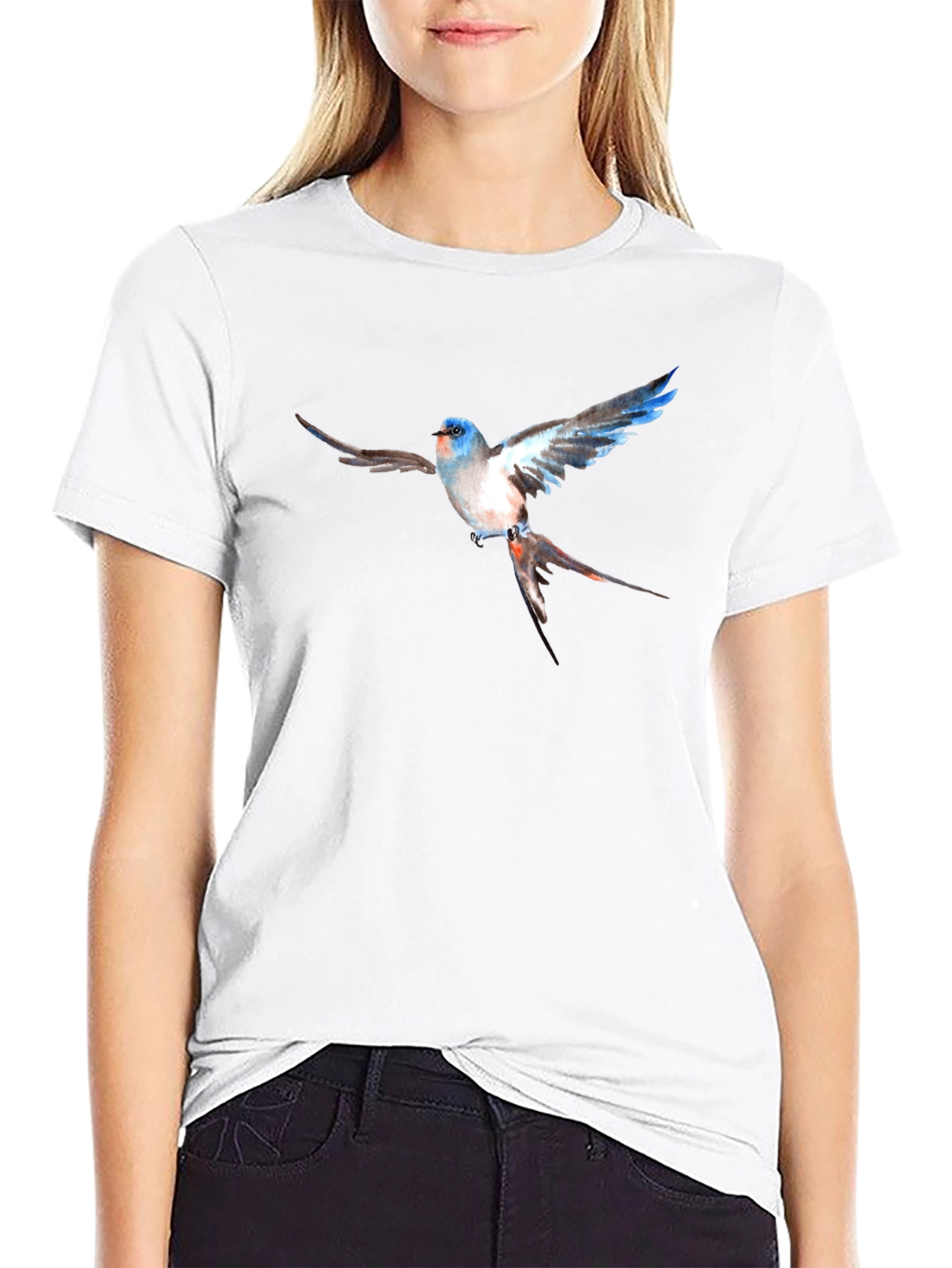 Black Blue Bird Graphic Print Black T-Shirt view 9