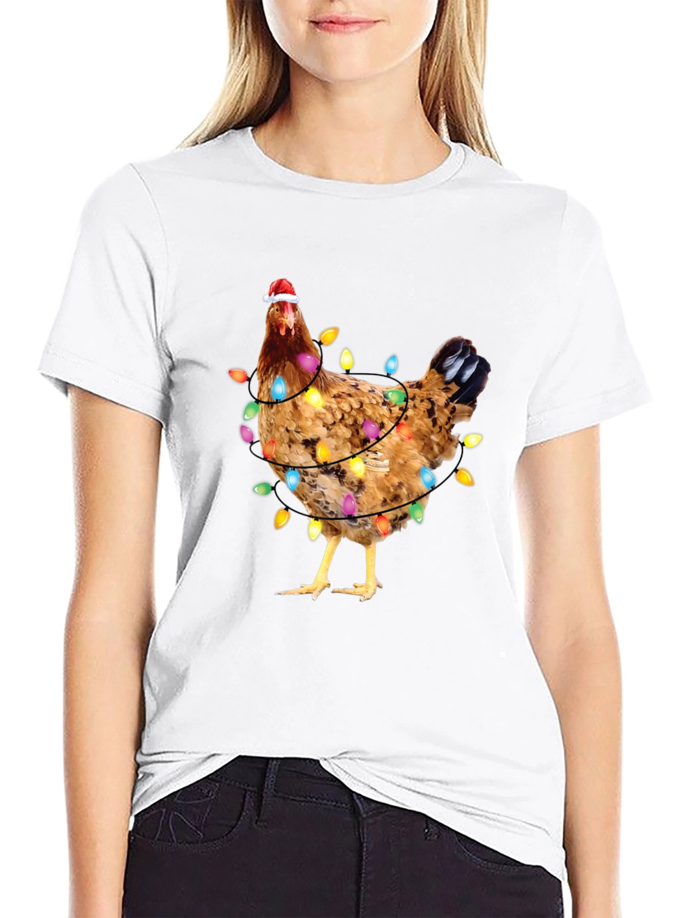 Black Festive Chicken Christmas Lights Graphic Tee view 9