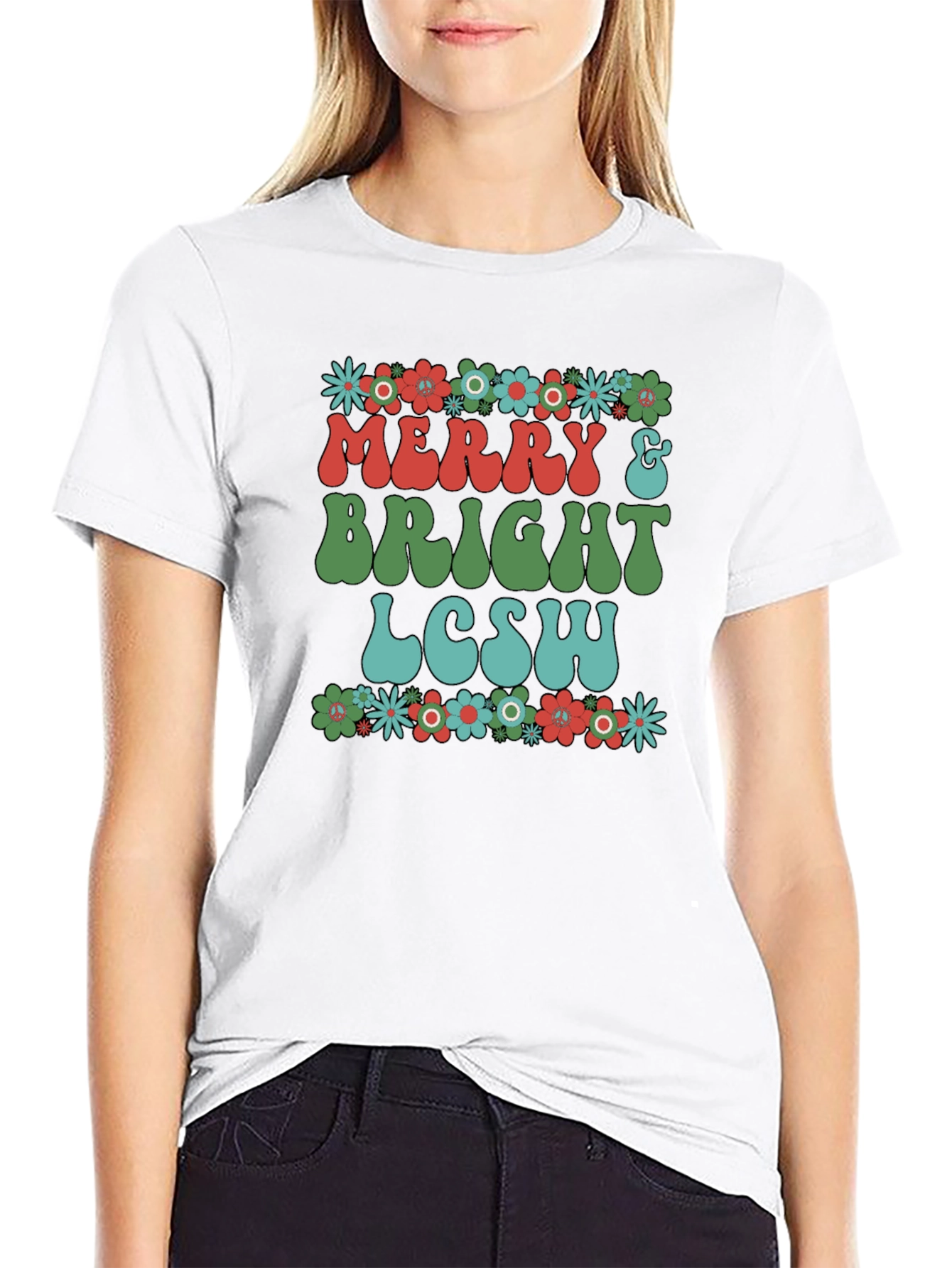 Black Merry & Bright LCSW T-Shirt - Floral Design view 9