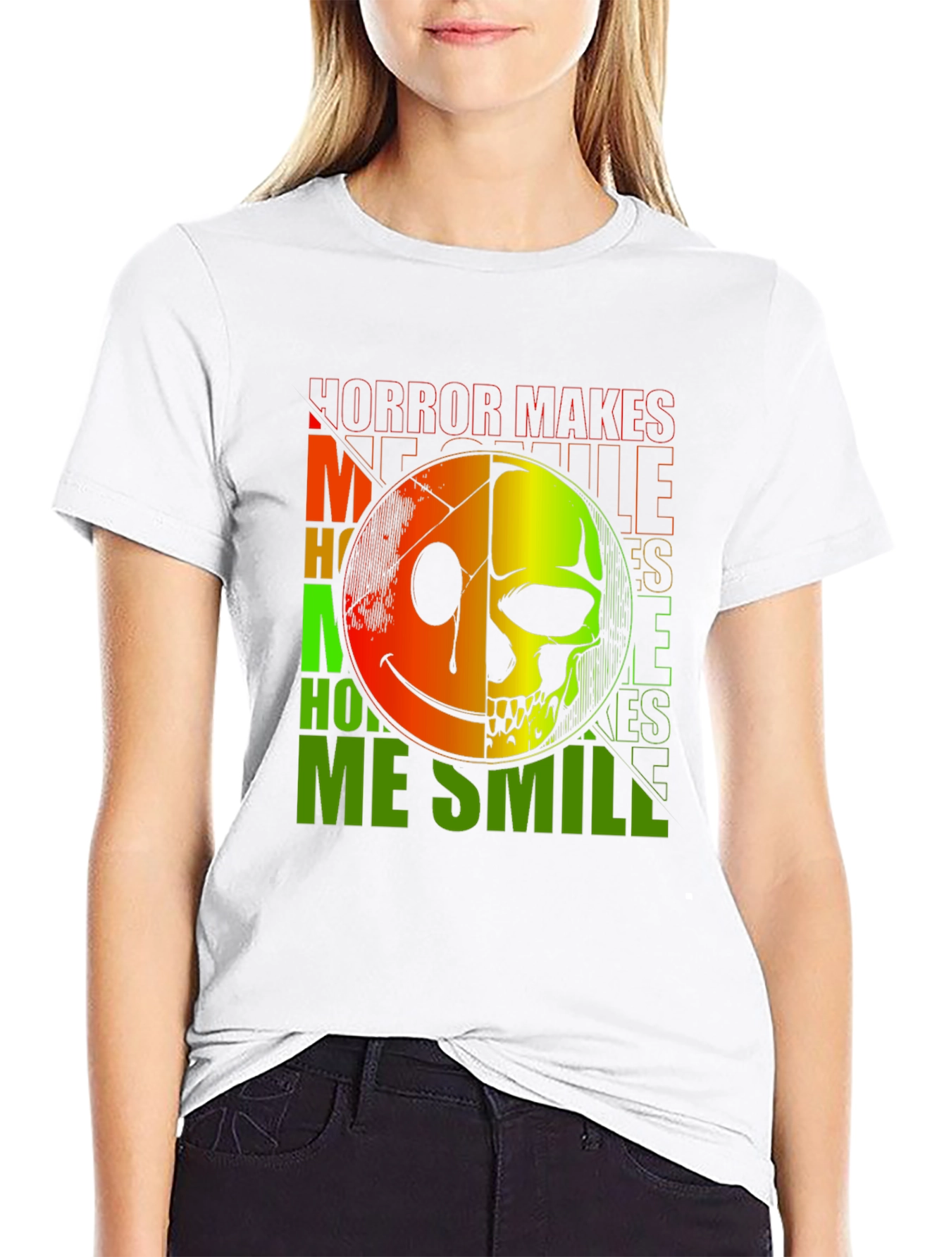 Black Horror Makes Me Smile T-Shirt - Half Smile, Half Skull view 9