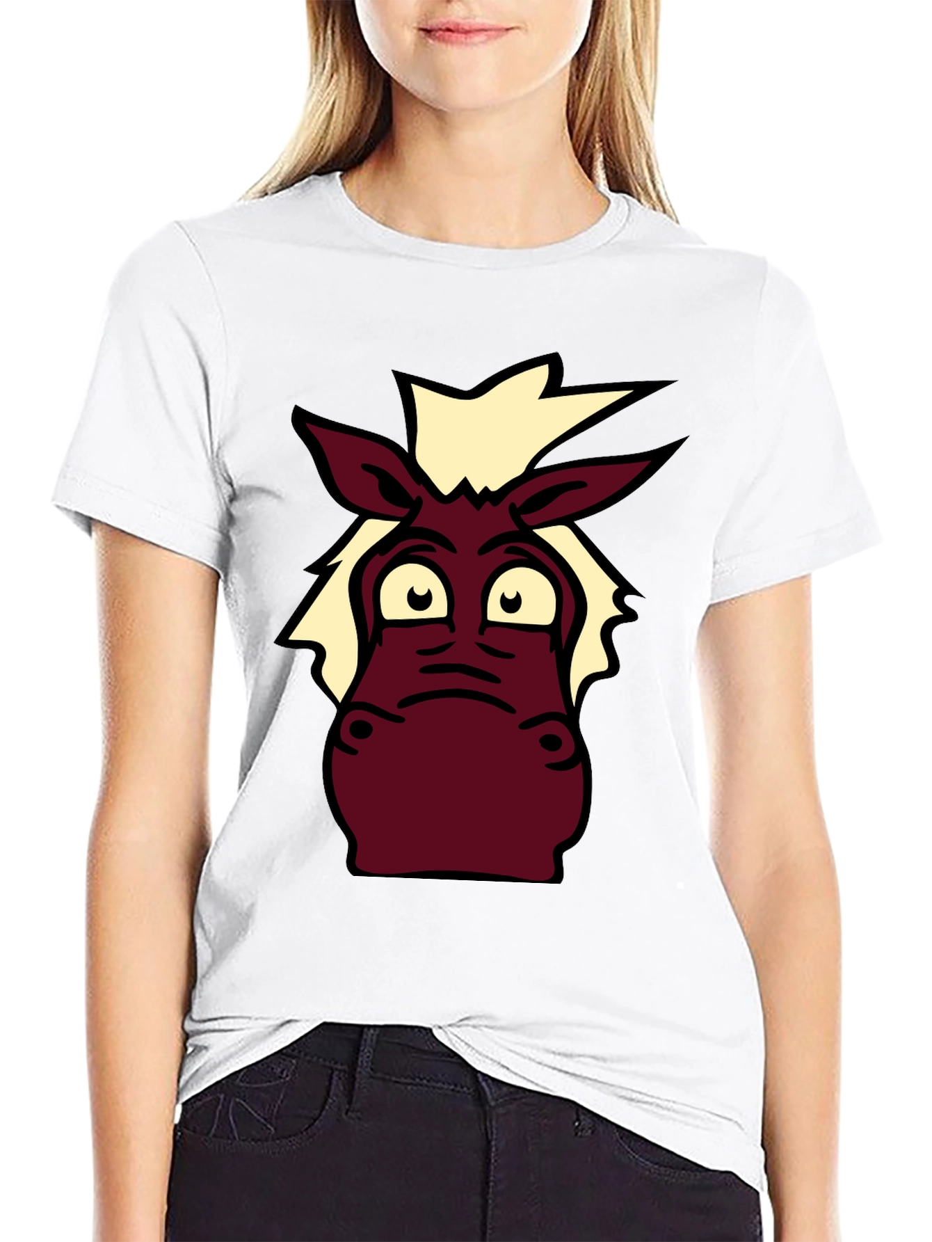 Black Cartoon Donkey Graphic Tee - Black Cotton T-Shirt view 9