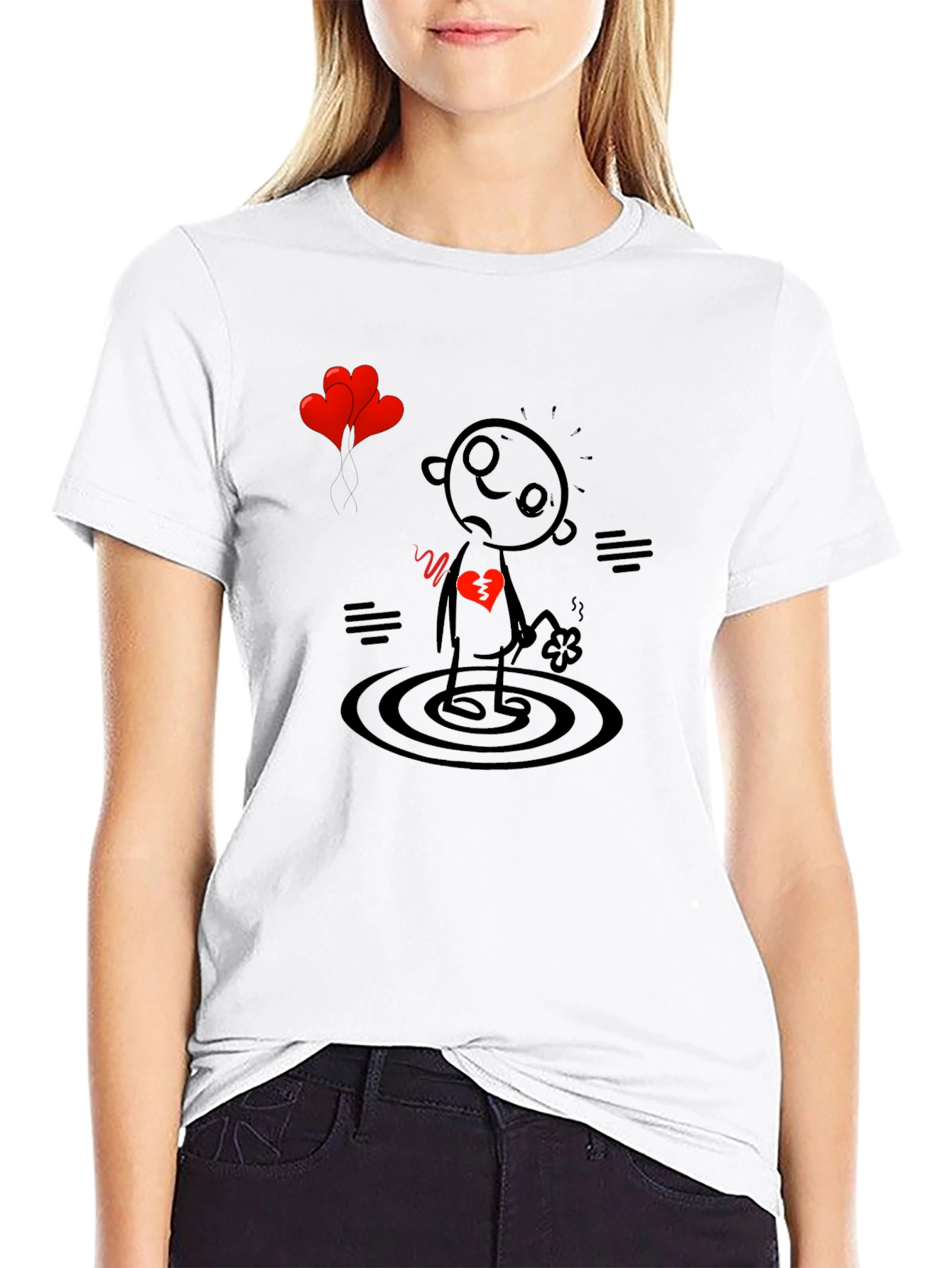 Black Heartbroken Stick Figure T-Shirt - Sad Cartoon Tee view 9