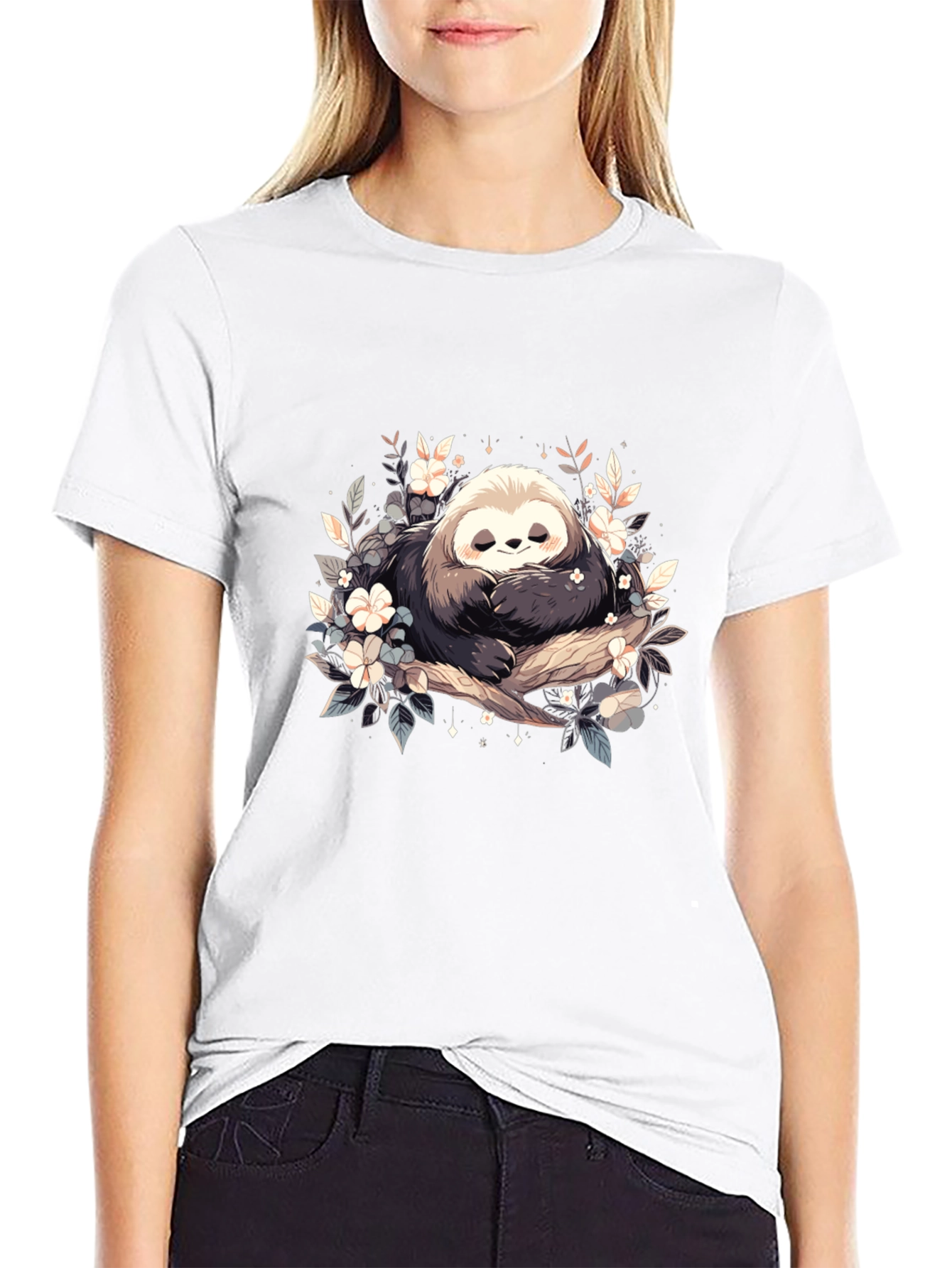 Black Cute Sloth with Flowers Graphic T-Shirt view 9