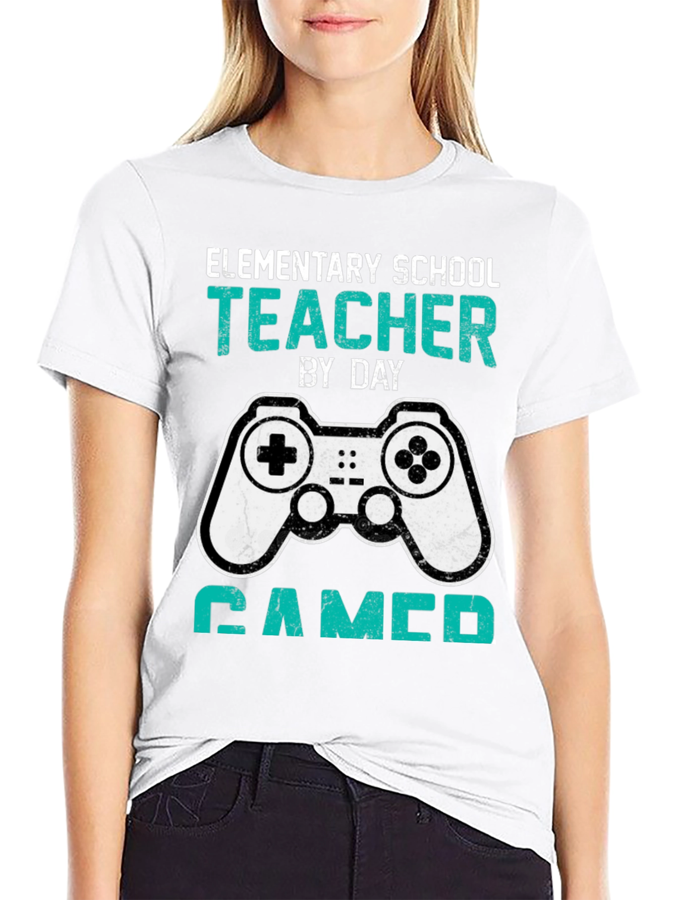 Black Elementary School Teacher Gamer T-Shirt view 9