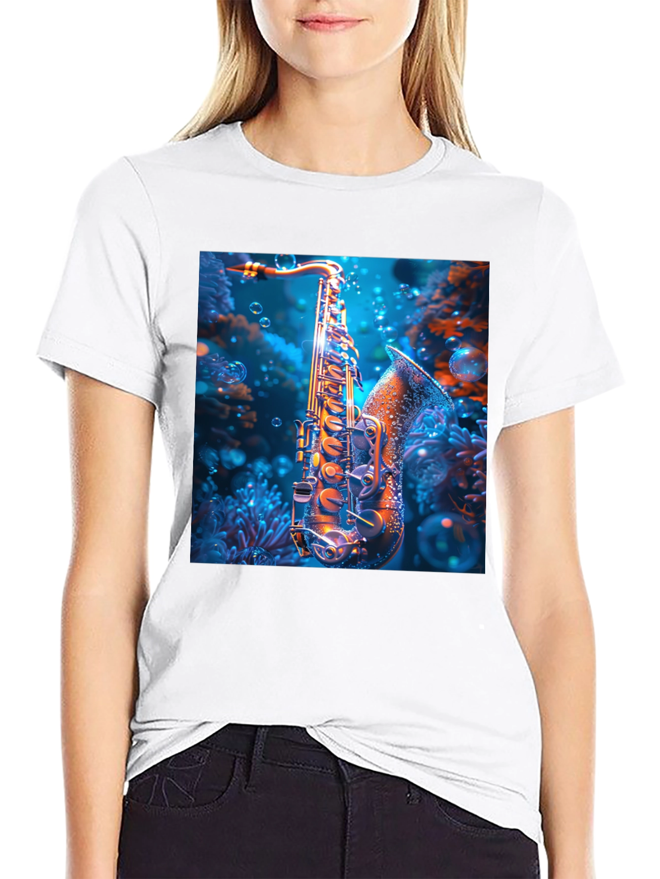 Black Saxophone Underwater T-Shirt - Unique Musical Design view 9