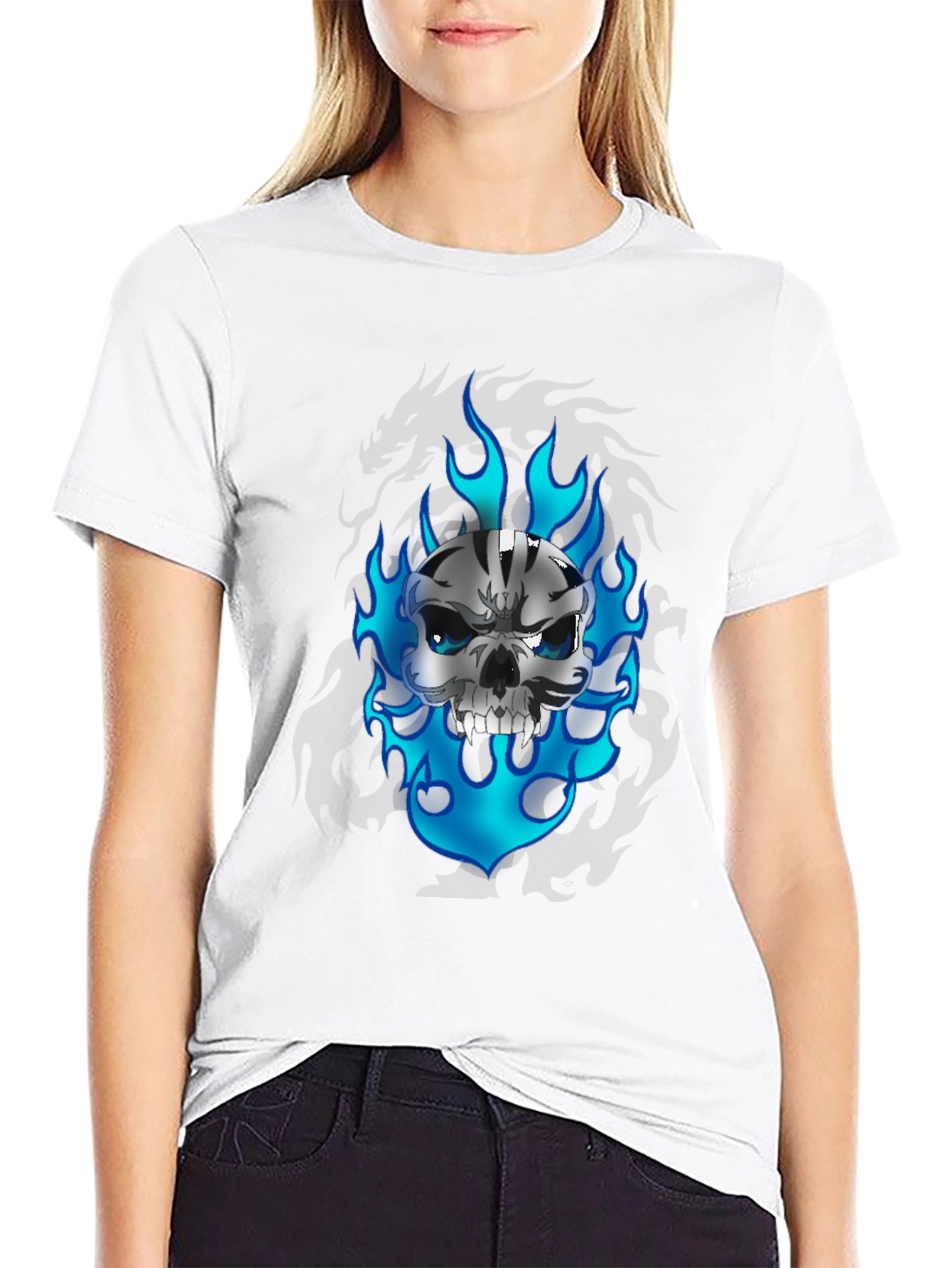 Black Skull and Flames Graphic Tee view 9
