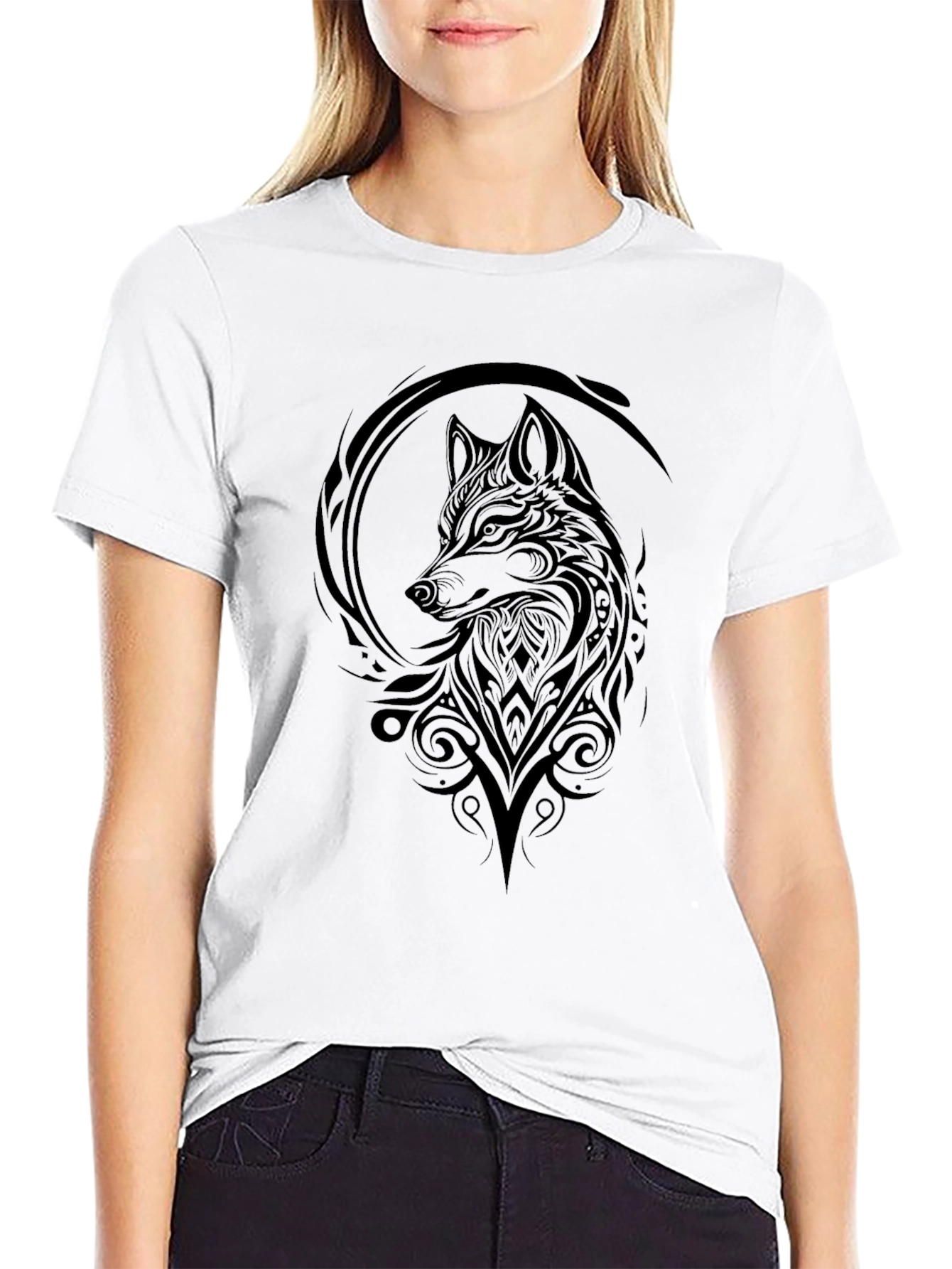 Black Wolf Tribal Art Graphic Tee - Black Cotton T-Shirt view 9